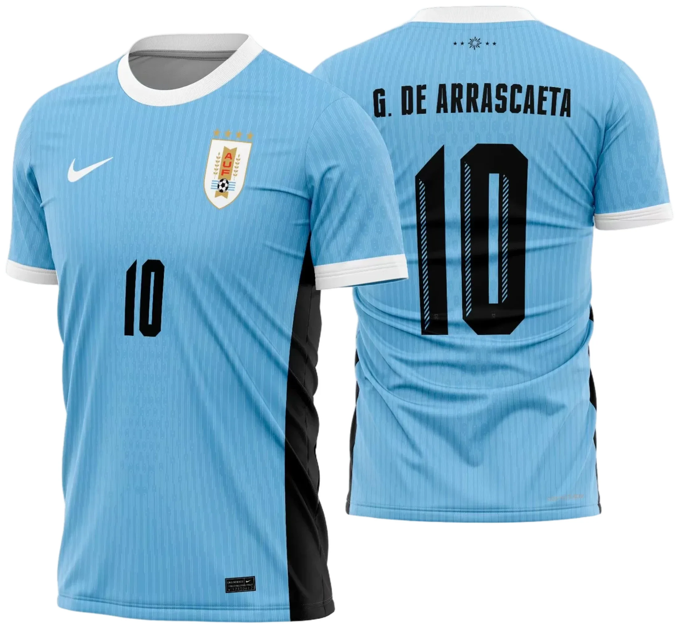 Camiseta unissex branca com logo no peito e estampa grande nas costas, tema Camisa Uruguai Titular 2024 - 2025, perfeita para torcer com estilo e conforto.