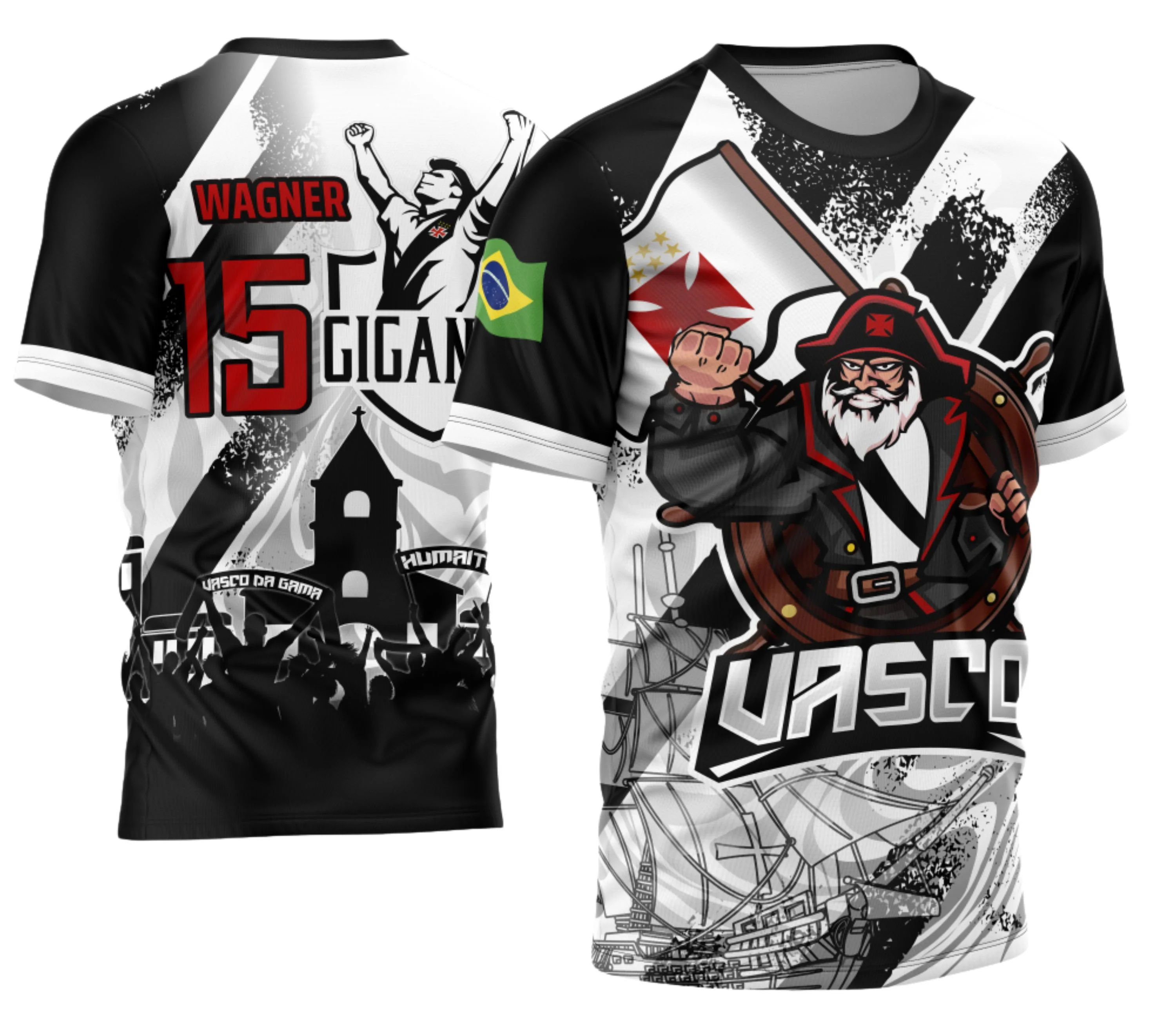 Camiseta unissex preta com logo no peito e estampa grande nas costas do Vasco 2024 personalizada, ideal para torcedores que buscam estilo e conforto.