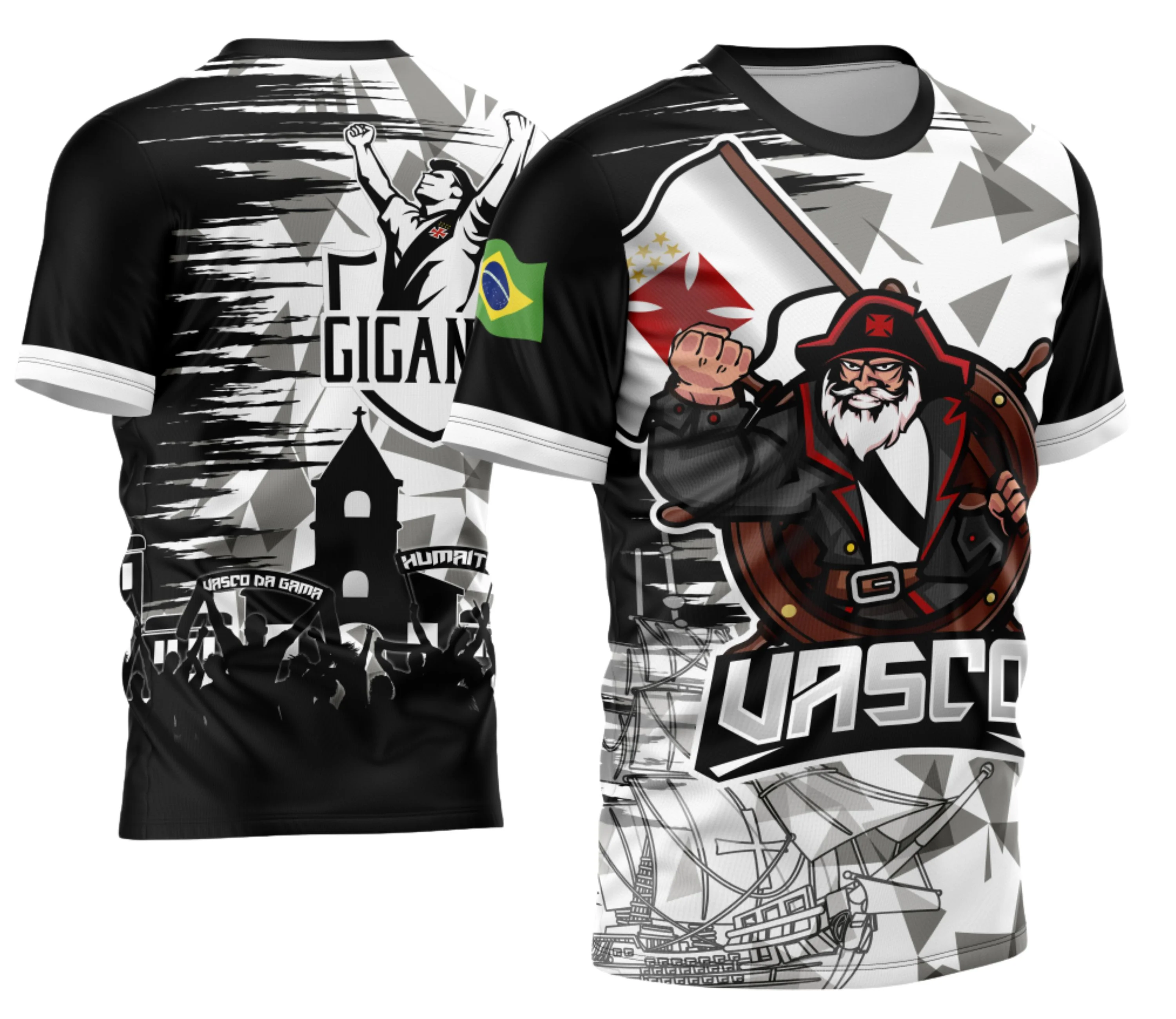 Camiseta unissex preta com logo no peito e estampa grande nas costas do Vasco 2024 personalizada Modelo 02, ideal para torcedores que querem estilo e paixão no visual.