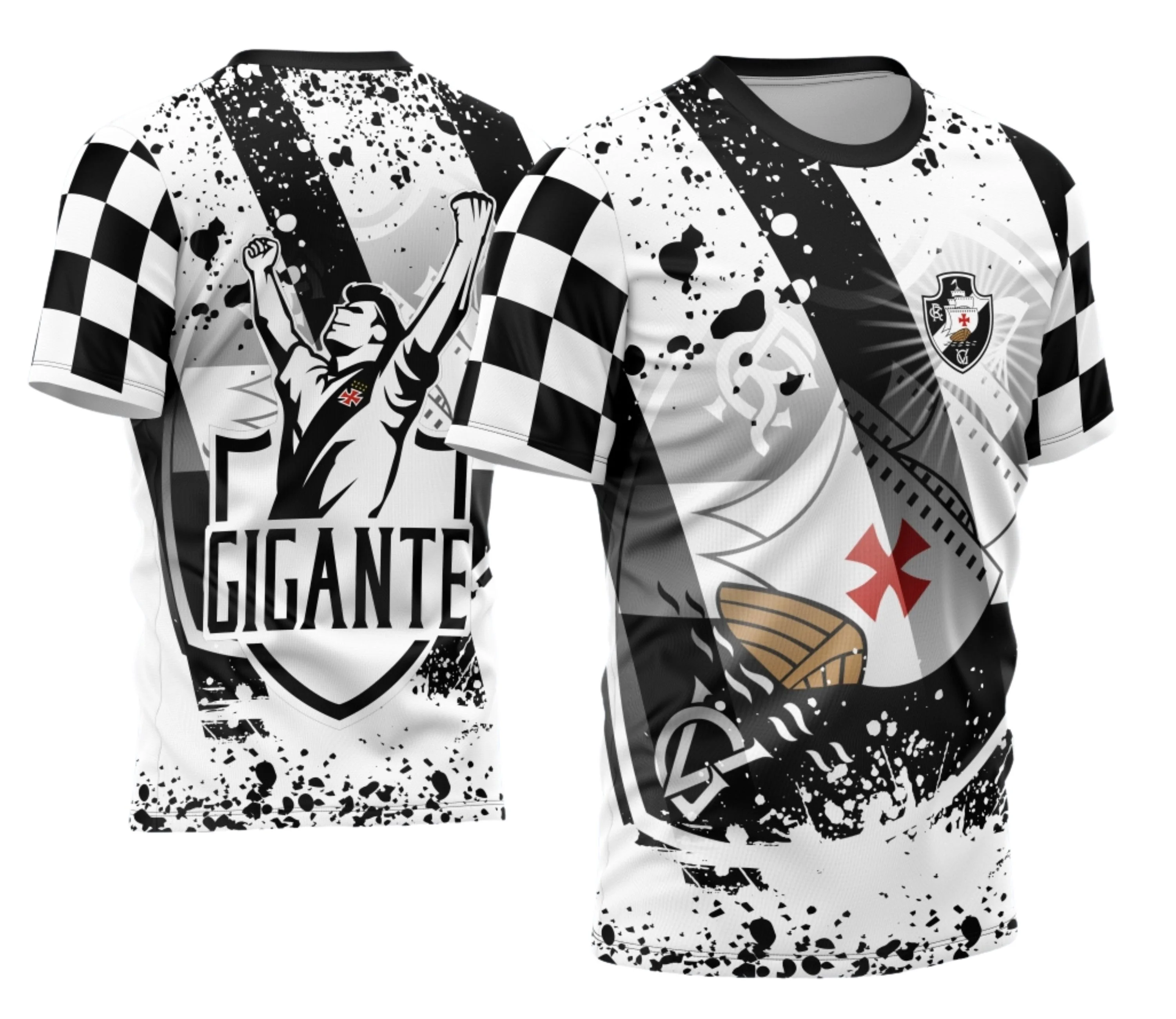 Camiseta unissex preta com logo no peito e estampa grande nas costas, destacando o tema Vasco 2024 Modelo 04, ideal para fãs do time com visual moderno e marcante.