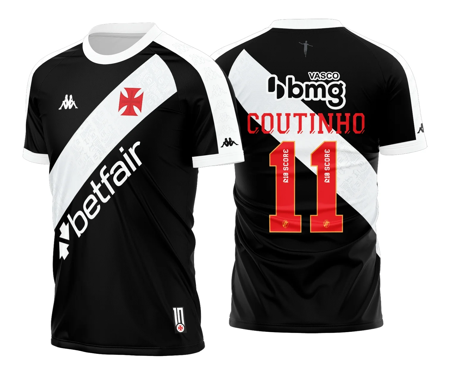 Camiseta unissex preta com logo no peito e estampa grande nas costas trazendo o tema Vasco da Gama Titular 2024 - 2025, combinando estilo esportivo e conforto para torcedores apaixonados.