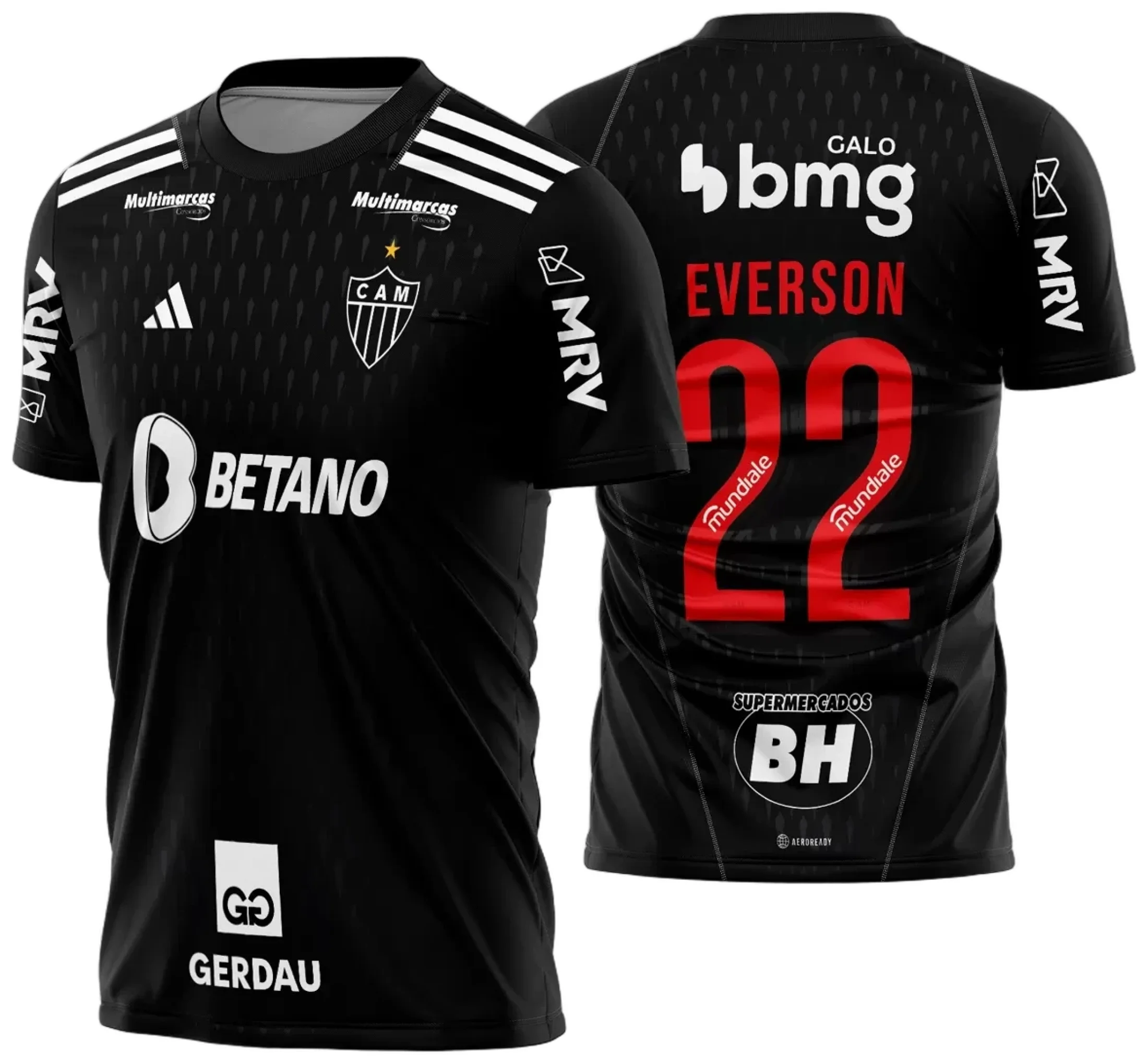 Camiseta unissex preta com logo do Atlético Mineiro no peito e estampa grande nas costas do goleiro temporada 2023 2024, estilo esportivo, ideal para torcedores do time