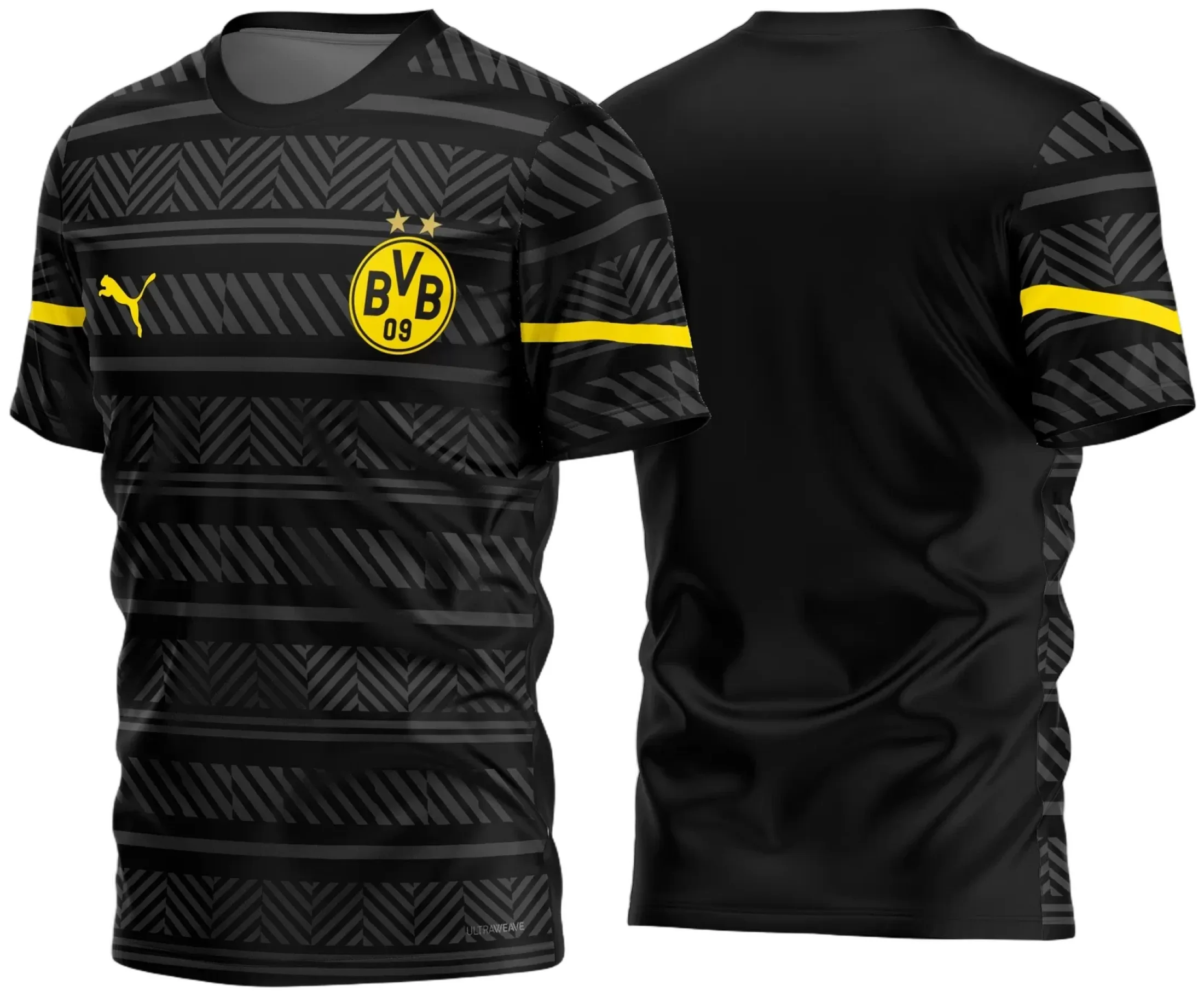 Camiseta unissex preta com logo no peito e estampa grande nas costas do Borussia Dortmund Pré-Jogo 2021-22 02, ideal para torcedores que querem estilo e conforto.