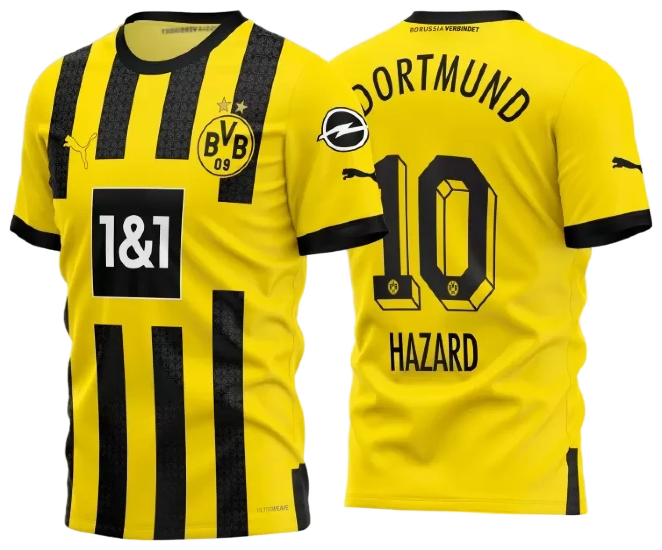 Camiseta unissex preta com logo no peito e estampa grande nas costas do Borussia Dortmund Titular 2022-23, perfeita para torcedores que querem mostrar paixão pelo futebol.
