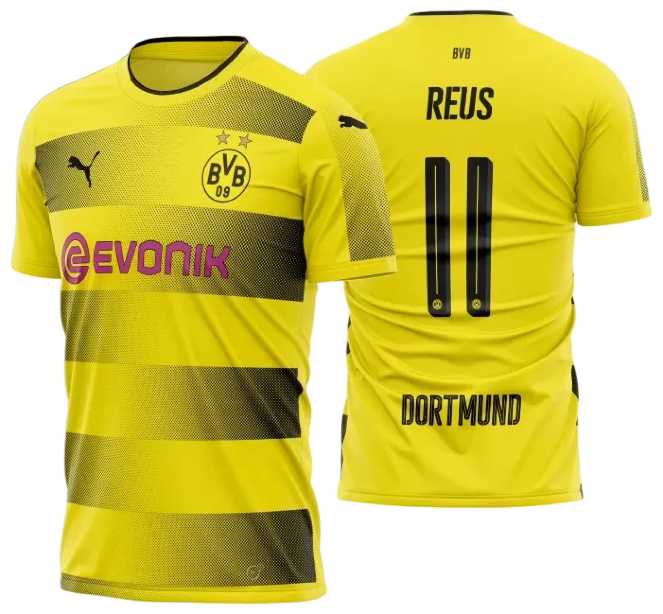 Camiseta preta unissex com logo no peito e estampa grande nas costas da temporada Borussia Dortmund Titular 2017-18, perfeita para fãs do futebol.