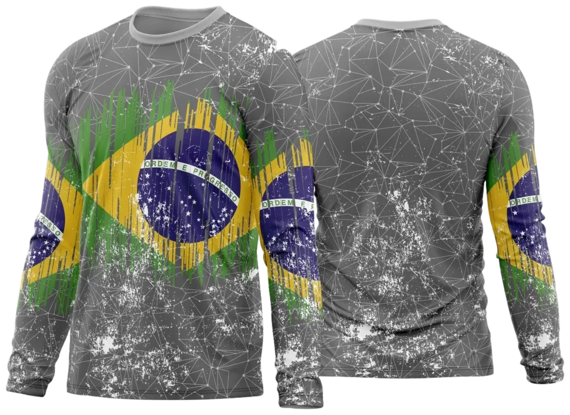 Camiseta unissex branca com logo no peito e estampa grande nas costas destacando o tema Brasil personalizada, perfeita para quem busca estilo e conforto.
