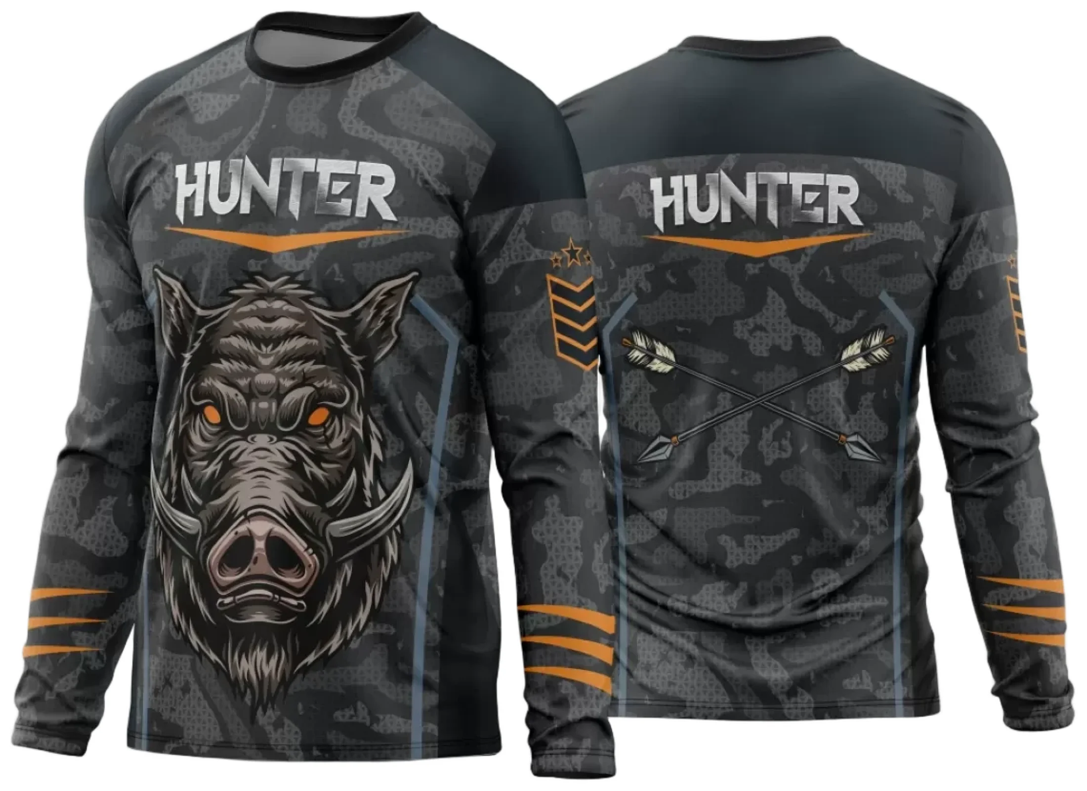 Camiseta unissex preta com logo no peito e estampa grande nas costas, tema Caça Esportiva 2024 Modelo 02, visual moderno e atraente para amantes da natureza e esportes.