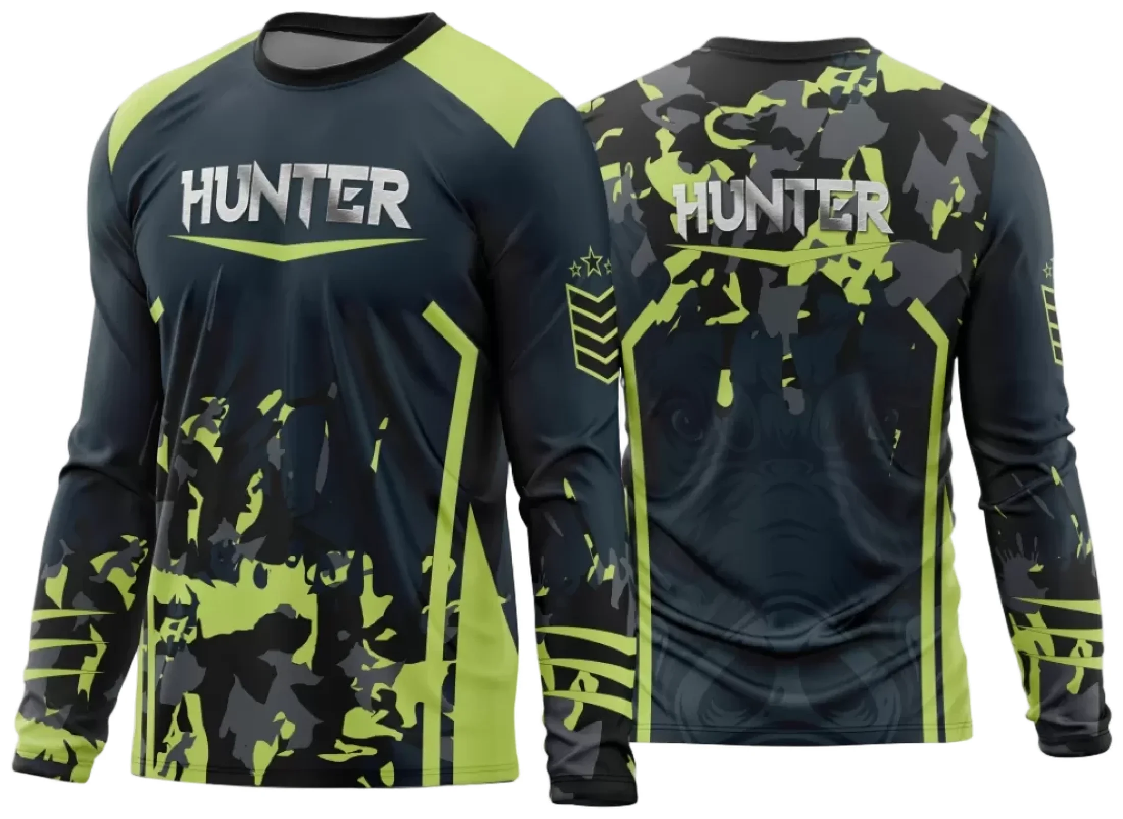 Camiseta unissex preta com logo no peito e estampa grande nas costas sobre caça esportiva 2024, ideal para aventureiros e amantes da natureza.