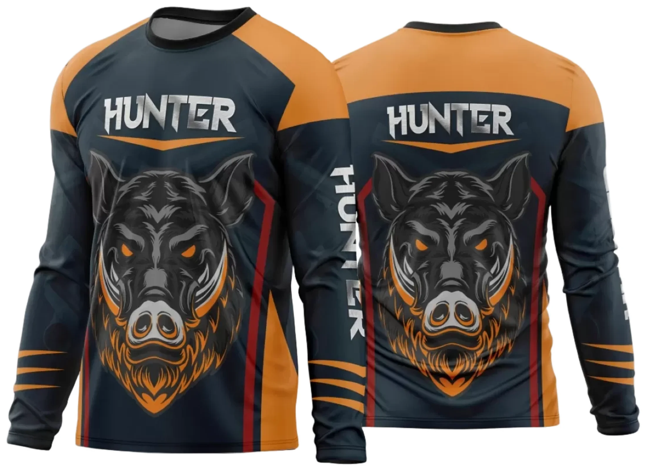 Camiseta unissex preta com logo no peito e estampa grande nas costas, representando caça esportiva 2024 modelo 07, perfeita para quem gosta de aventura e natureza.