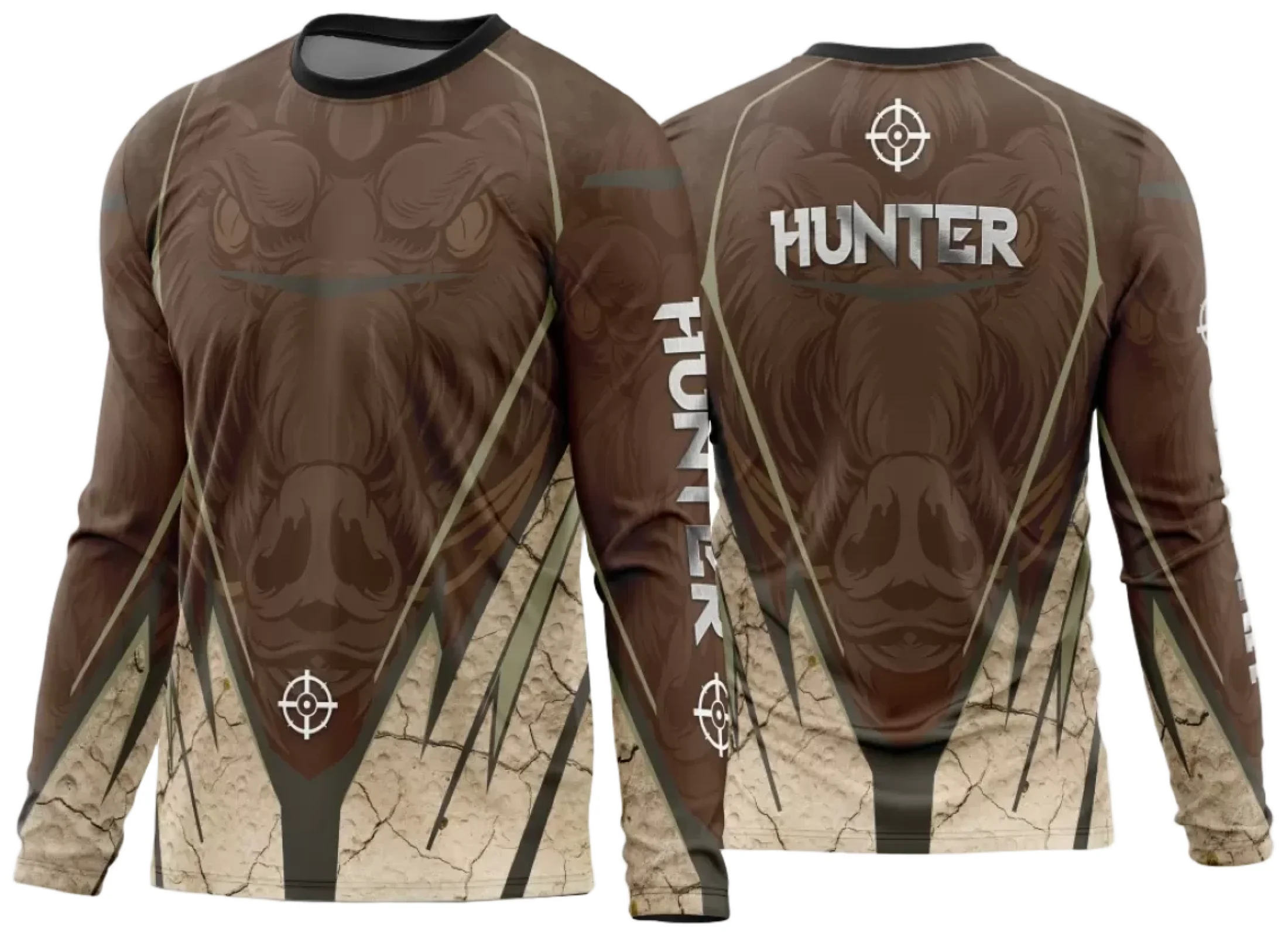 Camiseta unissex preta com logo no peito e estampa grande nas costas, tema caça esportiva 2024, visual moderno e atraente para amantes do esporte.