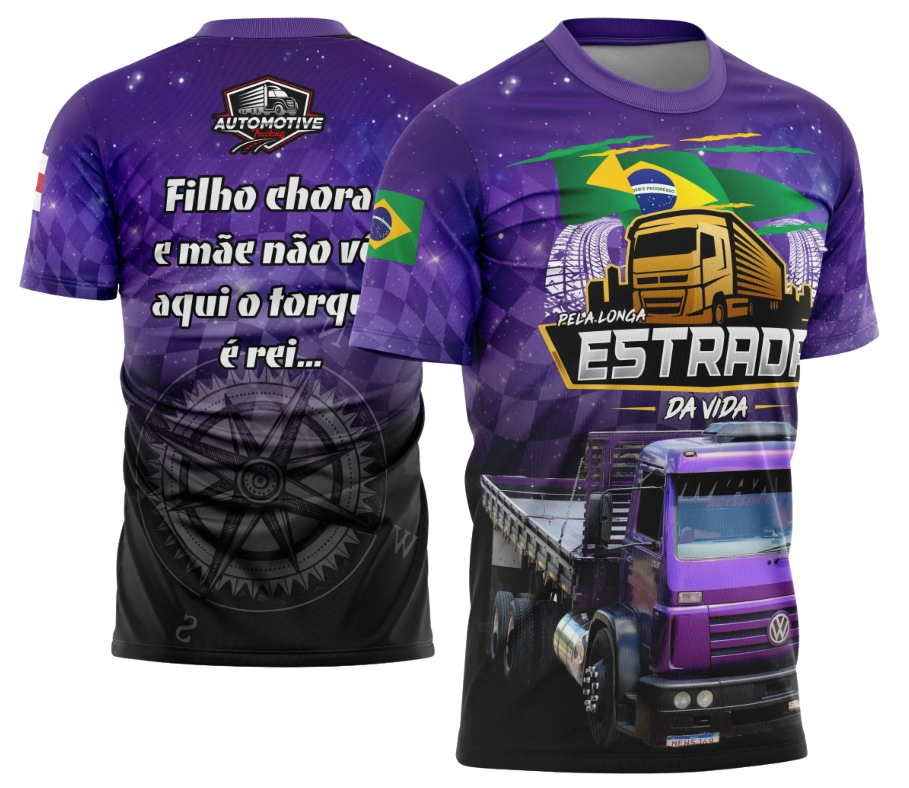 Camiseta unissex preta com logo no peito e estampa grande nas costas mostrando um caminhão na estrada da rota 2024, ideal para fãs de transporte e estradas.