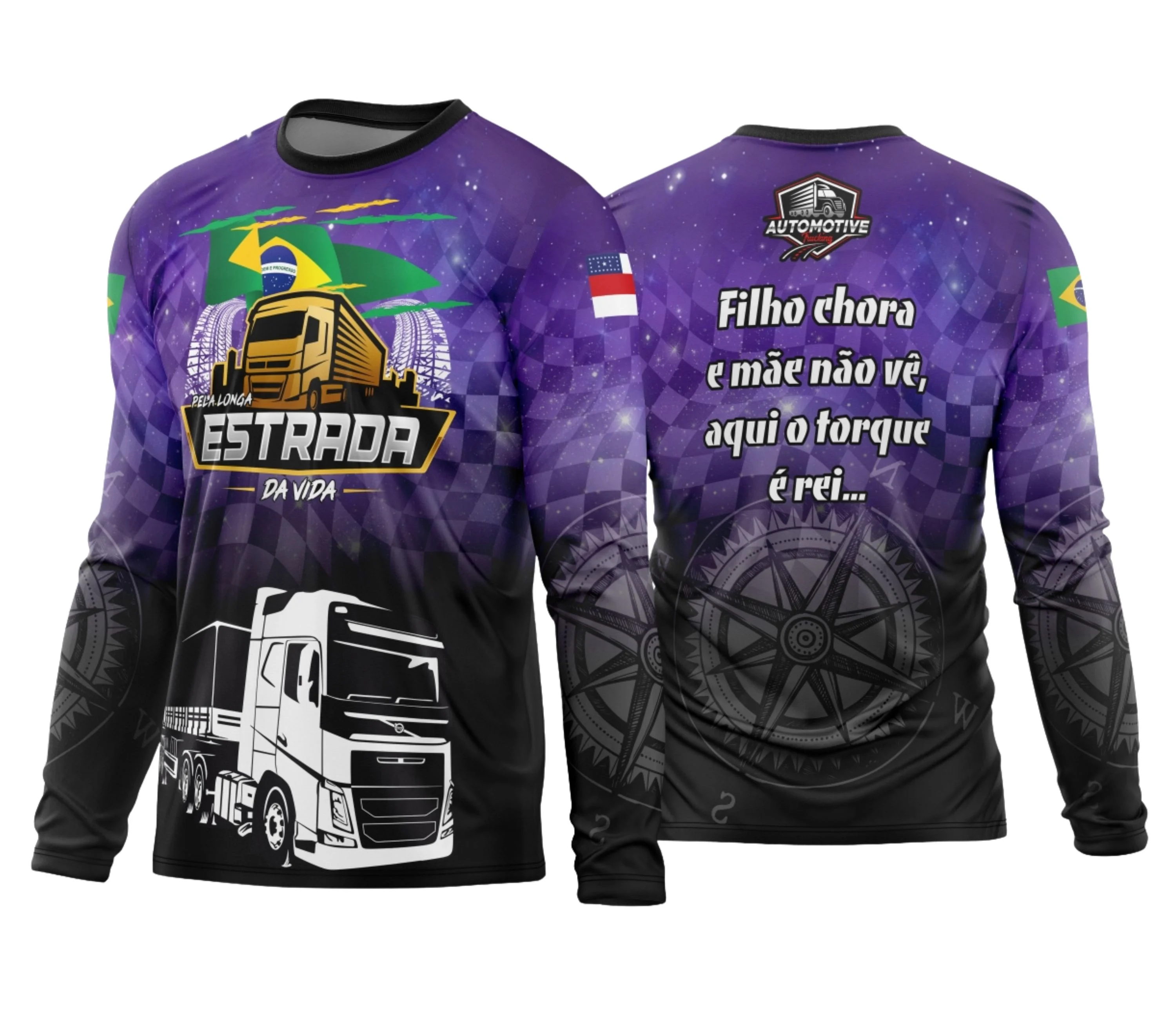 Camiseta unissex preta com logo no peito e estampa grande nas costas mostrando Caminhão da Estrada Rota 2024 Modelo 03 com estilo robusto e moderno