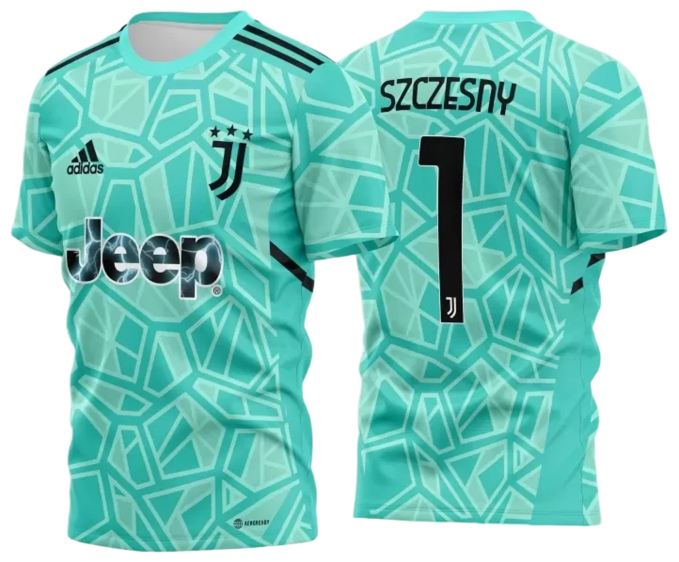 Foto de camiseta preta unissex com logo Juventus no peito e estampa grande nas costas do goleiro I 2022-2023, perfeita para fãs do time.