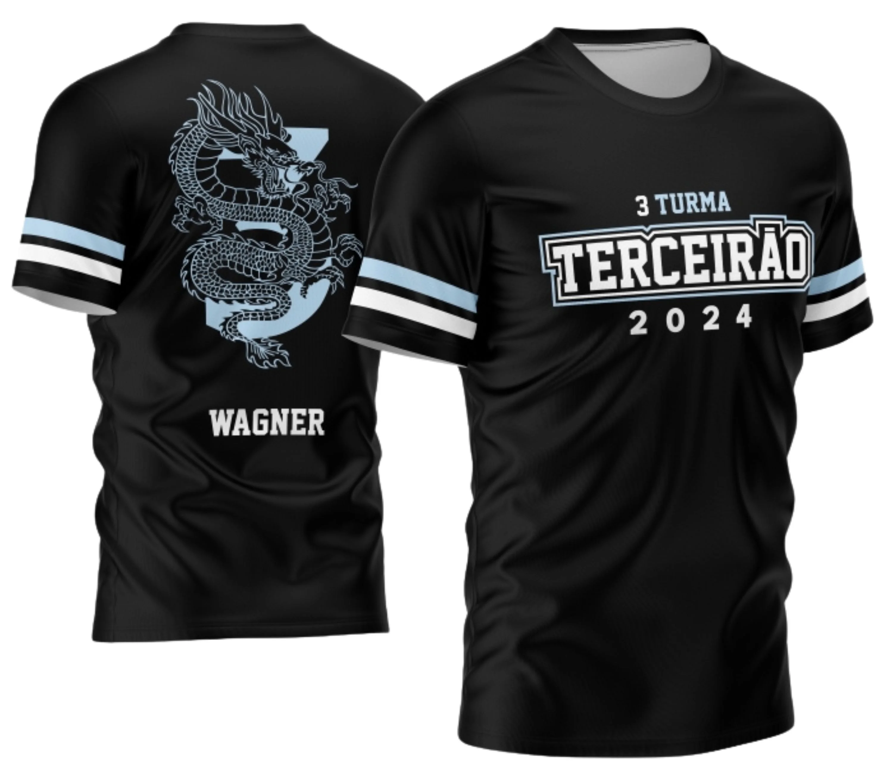 Camisa com logo no peito e uma estampa grande nas costas featuring um dragão estilizado relacionado ao Terceirão 2026, design moderno e marcante que destaca o orgulho e a identidade da turma.