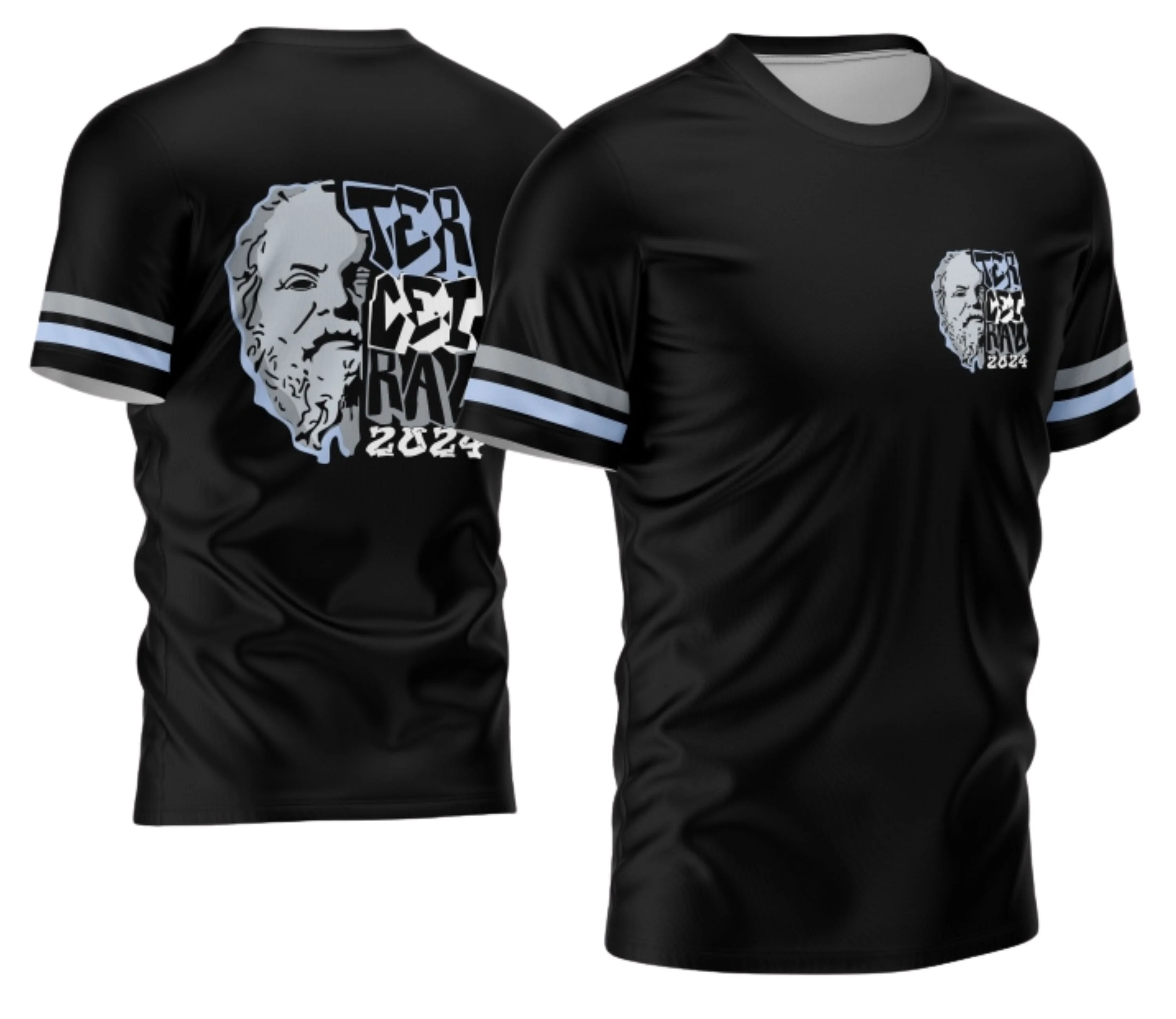 Camisa personalizada com logo no peito e estampa grande nas costas mostrando design único para turma do Terceirão 2026, ideal para celebrar essa fase especial com estilo e identidade marcante.