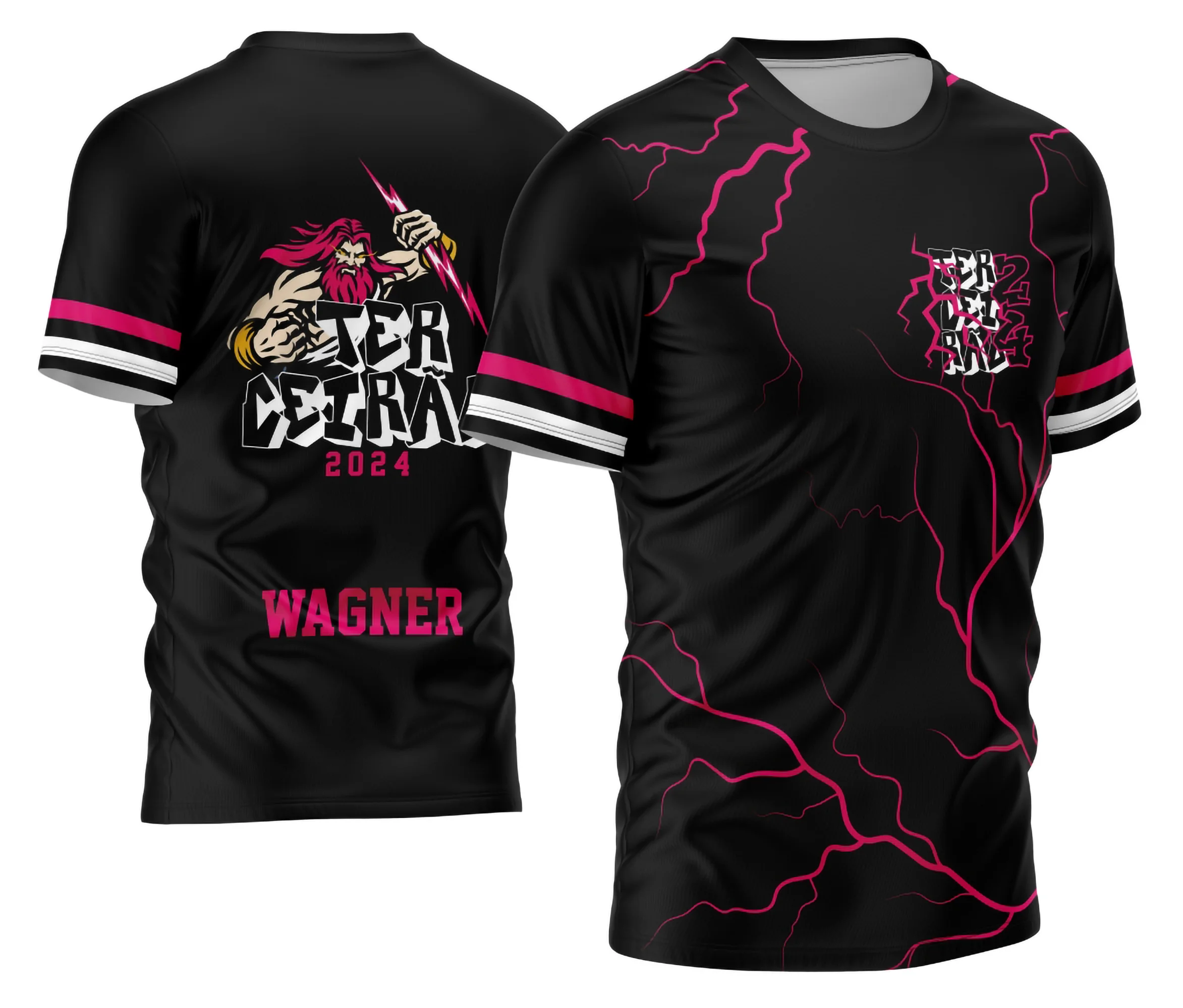 Camisa com logo no peito que destaca a força do Zeus, acompanhada de uma estampa grande nas costas mostrando raios vibrantes e design marcante para celebrar o Terceirão 2026