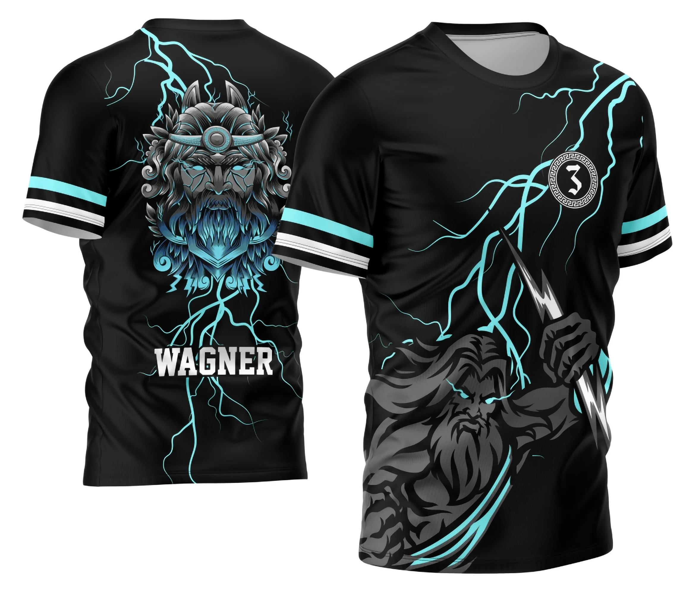 Camisa com logo no peito e estampa grande nas costas mostrando o tema Zeus com raios vibrantes em destaque, perfeita para o Terceirão 2026, estilo único e marcante para a turma.