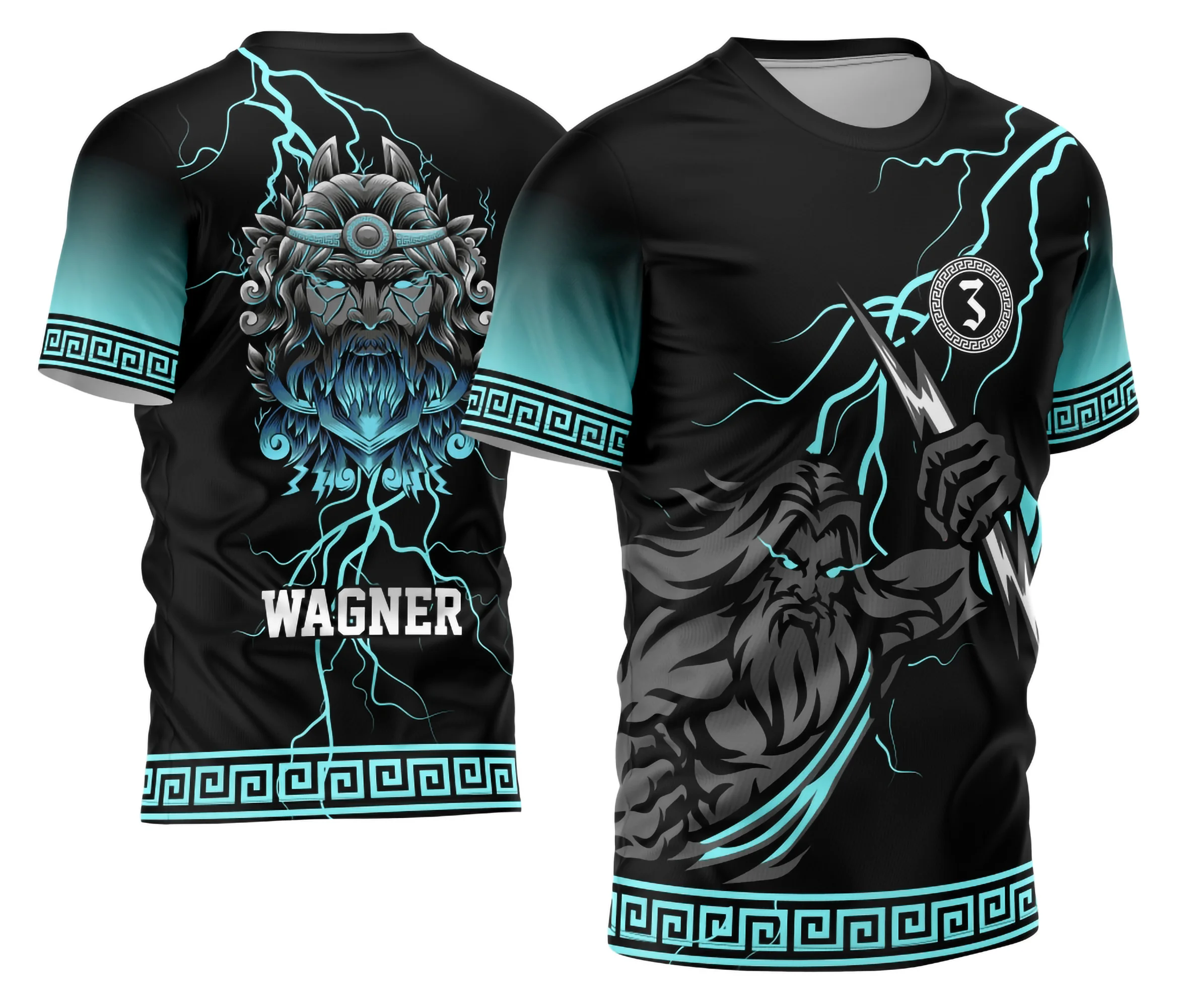 Camisa com logo no peito destacando o símbolo de Zeus e estampa grande nas costas com raios vibrantes e design impactante para o Terceirão 2026.