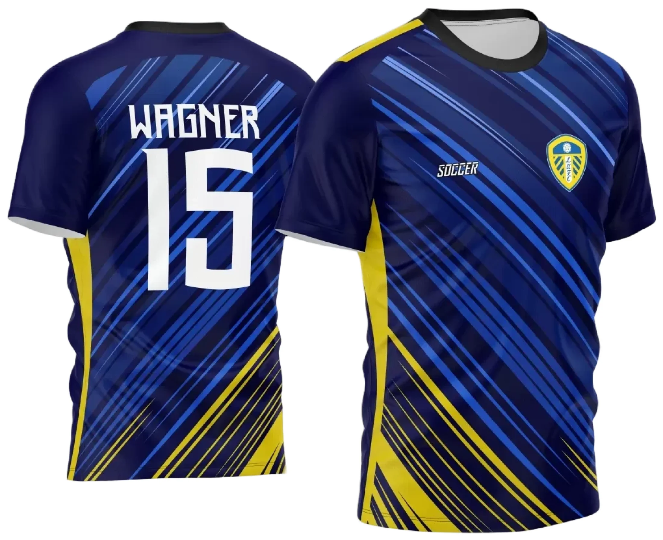 Camisa de futebol amador com logo no peito e estampa grande nas costas, destacando faixas verticais na frente em cores vibrantes, perfeita para times que buscam estilo e identidade única no jogo.