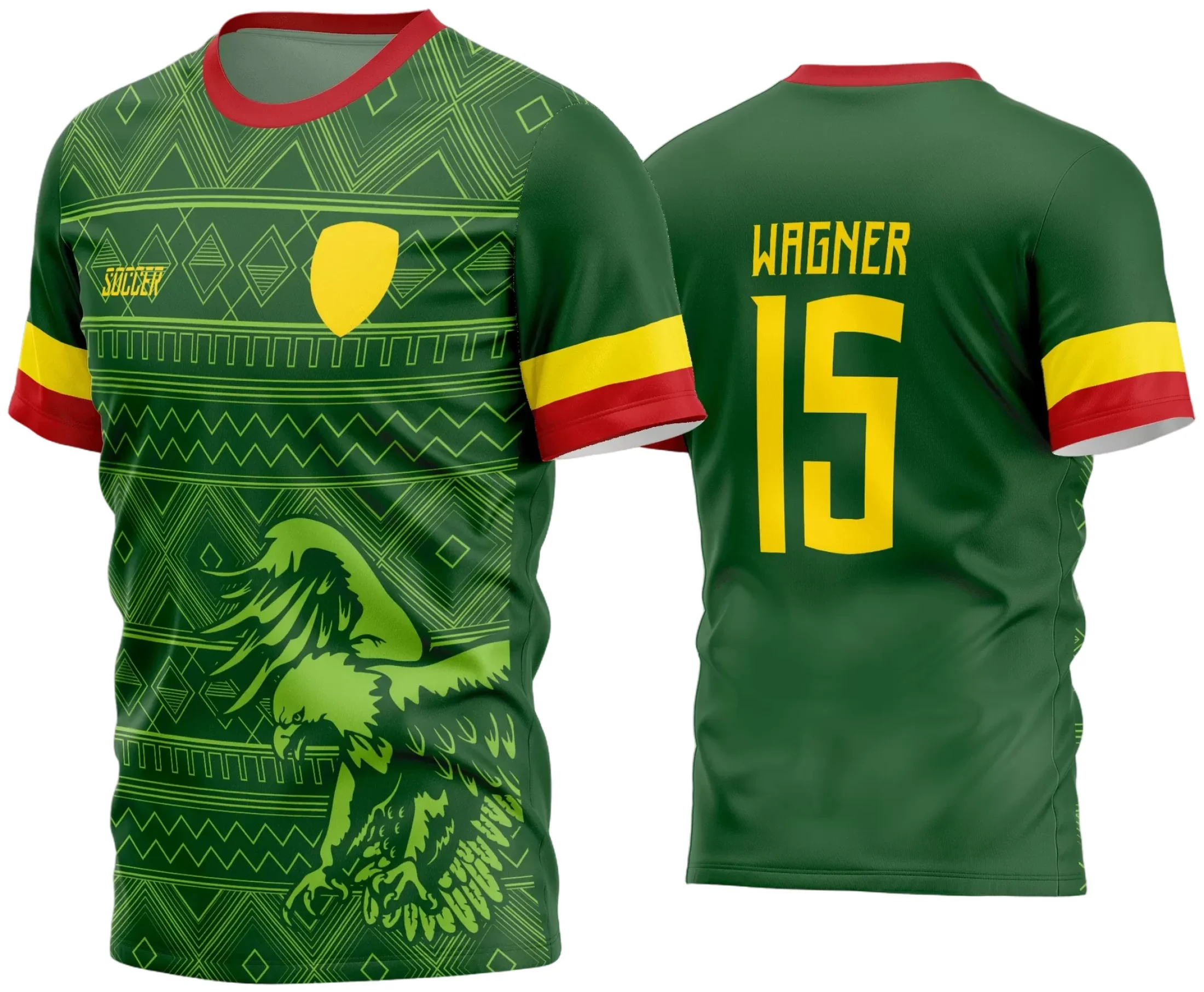 Imagem da camisa de futebol amador com logo no peito e estampa grande nas costas em destaque, mostrando design moderno e vibrante, perfeita para times que buscam identidade única em campo.