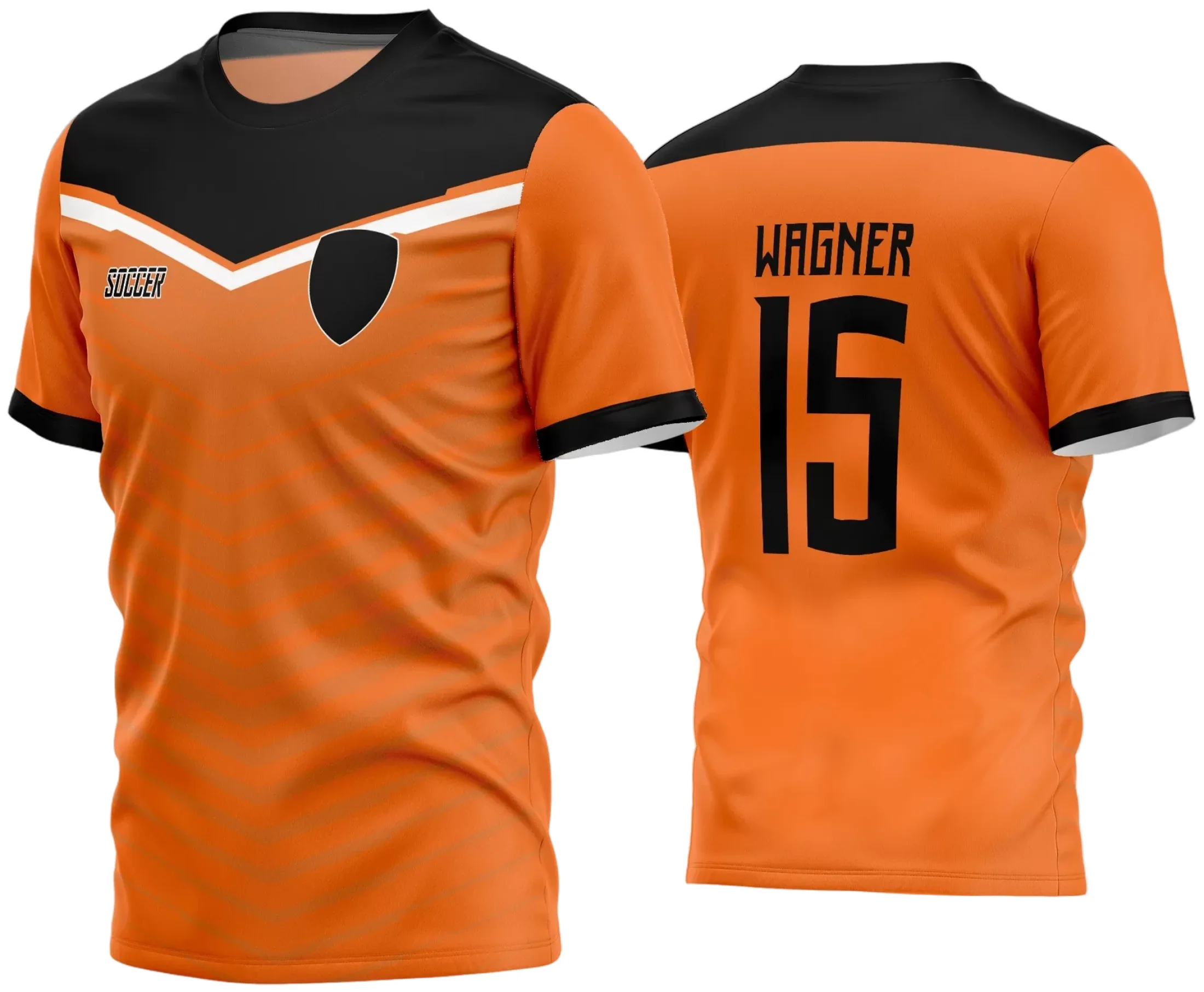 Camisa de futebol amador com logo no peito e estampa grande nas costas, design moderno e cores vibrantes para reforçar espírito de equipe e união no campo.