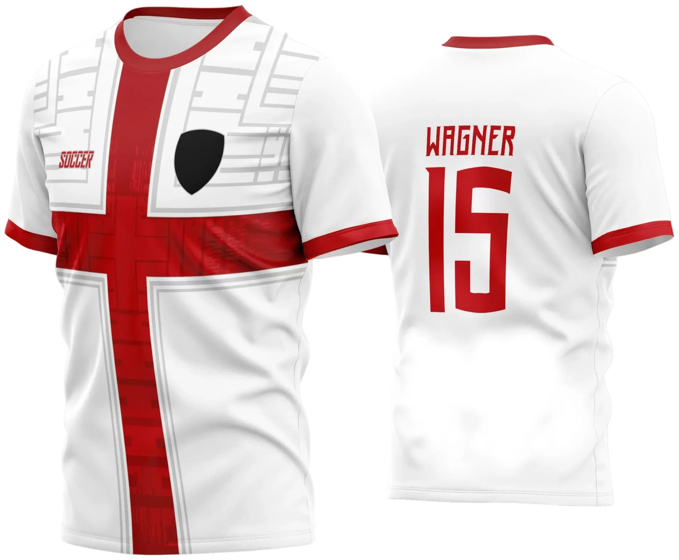 Camisa de futebol com logo no peito e estampa grande nas costas, design moderno e vibrante para times amadores, perfeito para destacar a identidade da equipe em campo e nas arquibancadas.