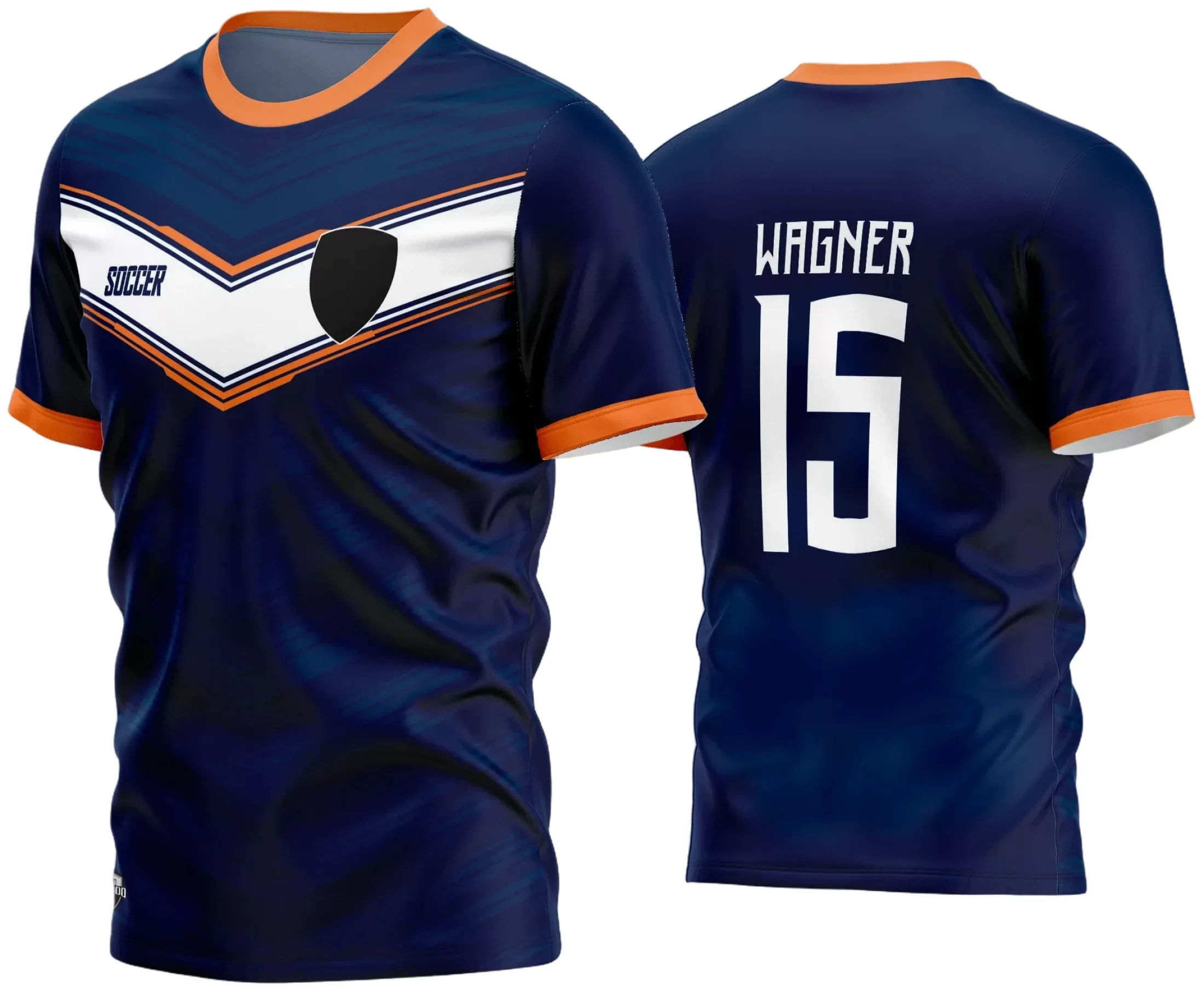 Camisa de futebol amador com logo no peito e estampa grande nas costas, design moderno e exclusivo para equipes que buscam identidade única em campo, com combinação de cores vibrantes e detalhes marcantes.