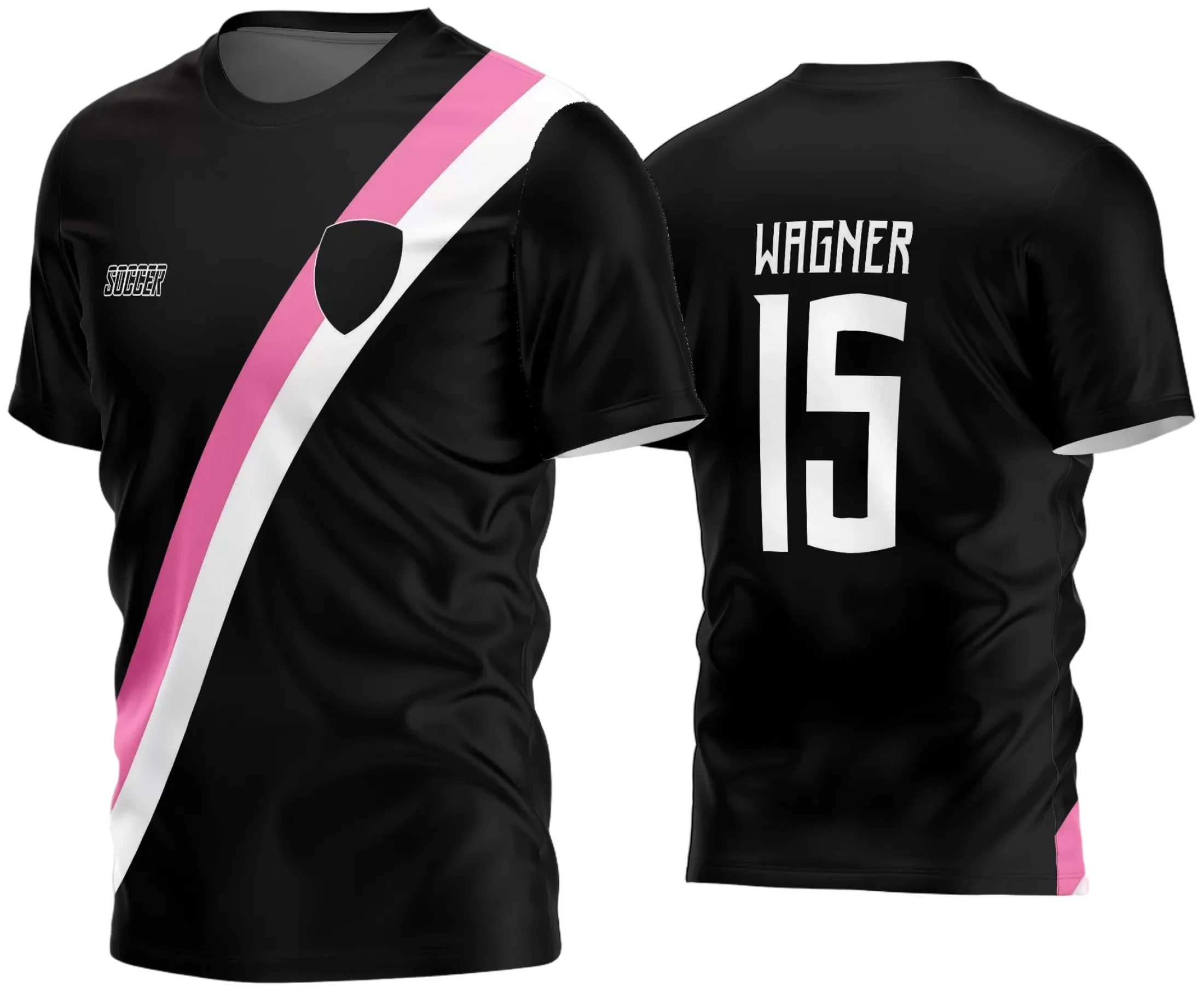 Camisa final com logo no peito e estampa grande nas costas, apresentando um design vibrante e potente ideal para times amadores de futebol na temporada 2024.