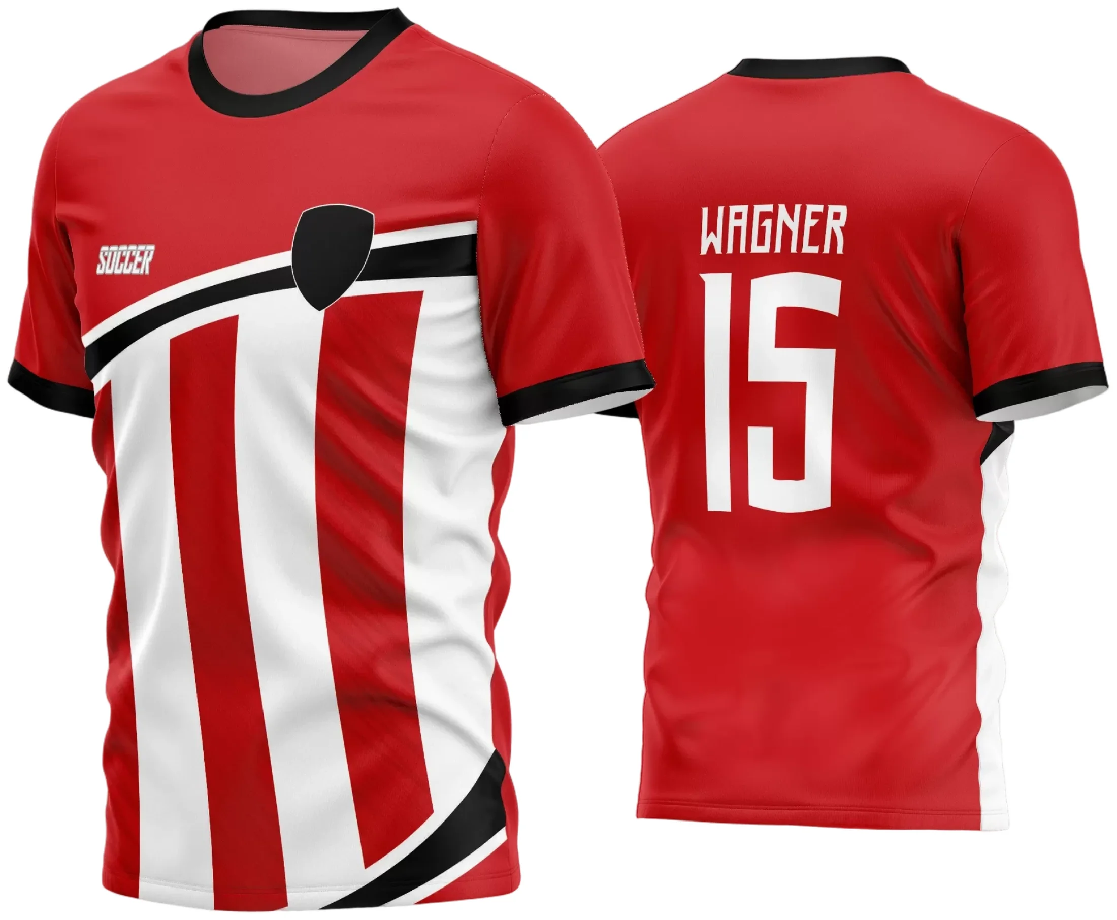 Camisa de futebol amador com logo no peito e estampa grande nas costas, apresentando design moderno e visual impactante para partidas e eventos esportivos.