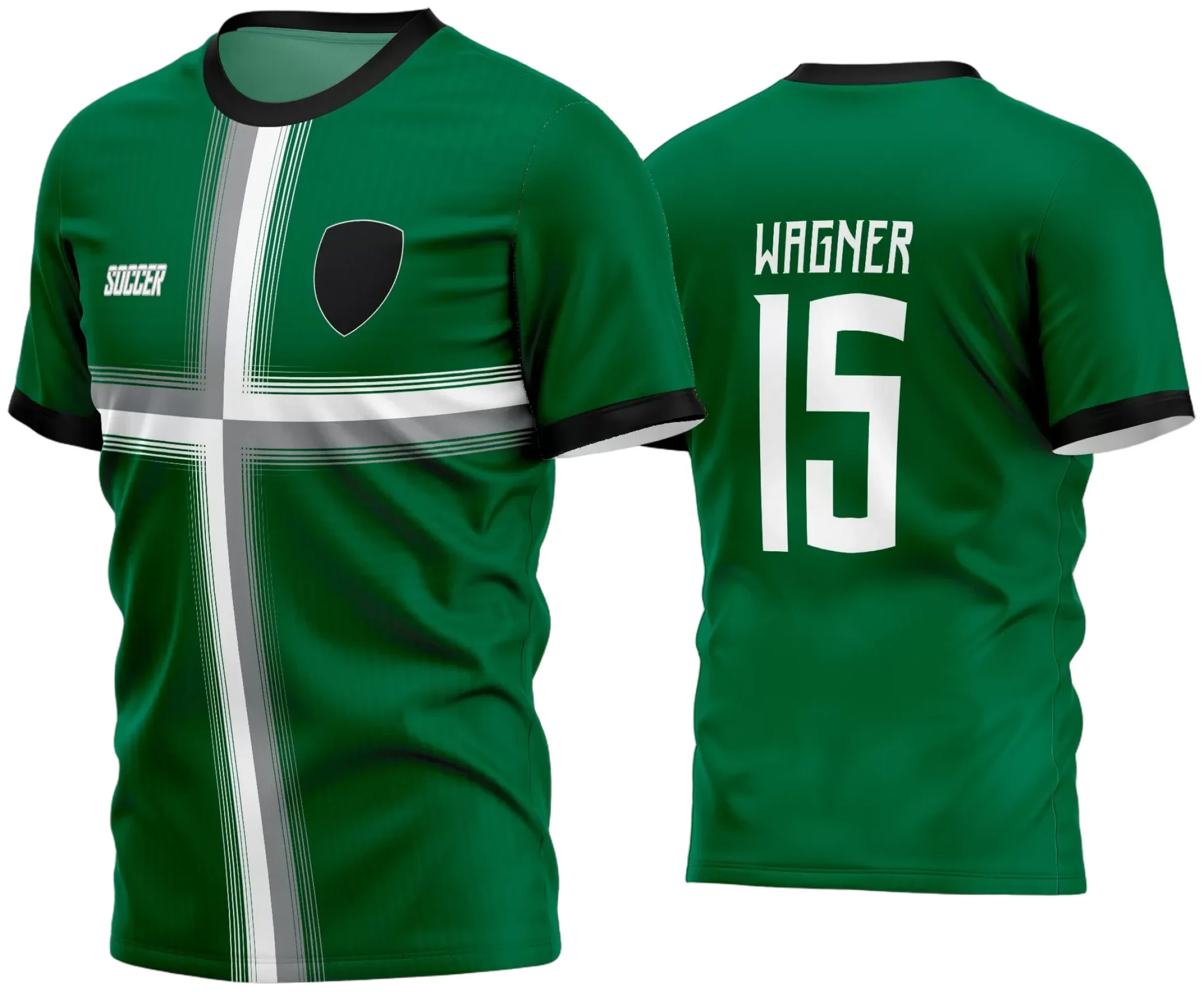 Camisa de futebol com logo no peito e estampa grande nas costas, estilo amador, cores vibrantes e design moderno para partidas e treinos em 2024, perfeita para times que buscam identidade e destaque em campo