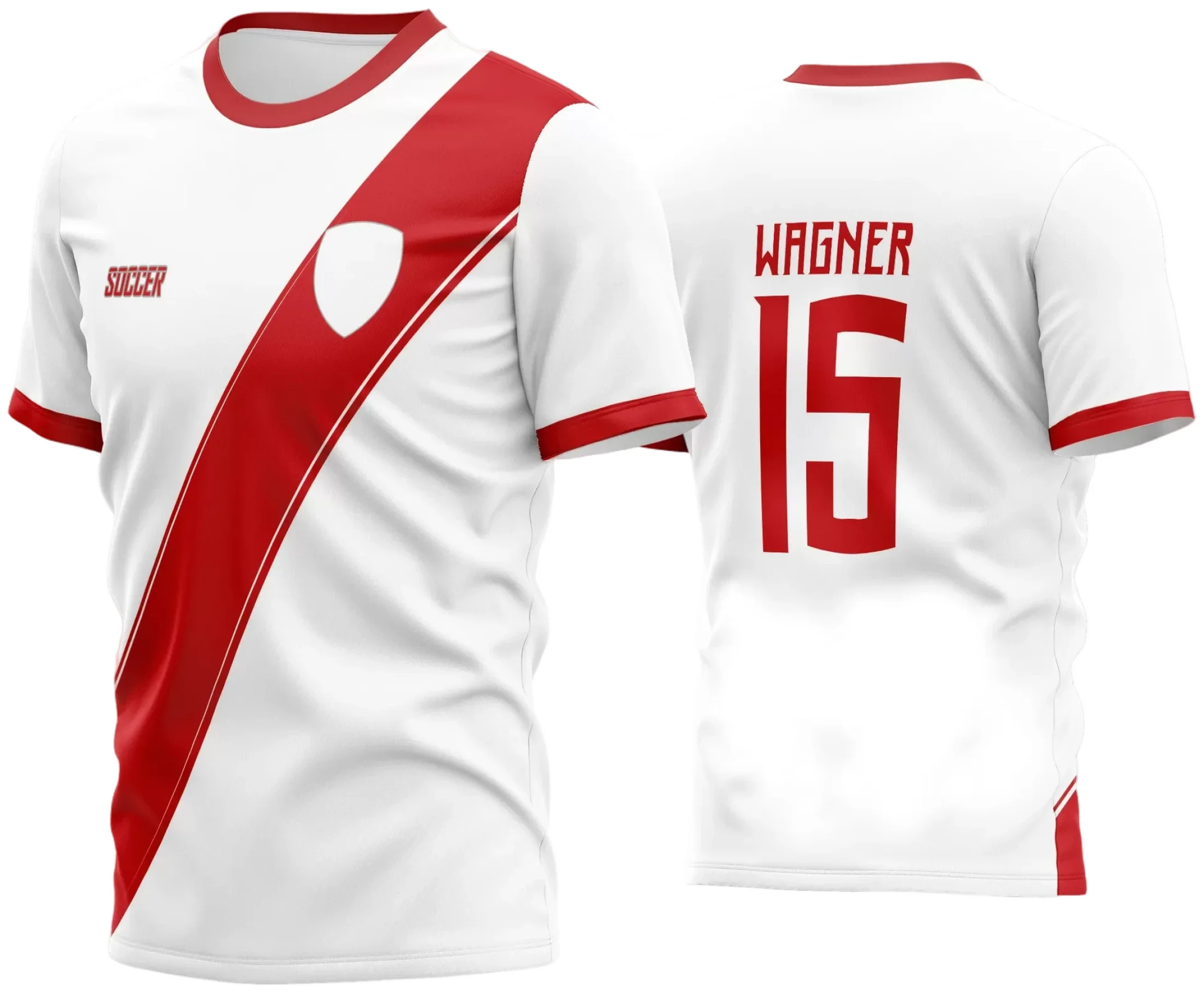 Camisa de futebol amador com logo no peito e estampa grande nas costas, design moderno e atraente, ideal para uniformes de time e eventos esportivos.