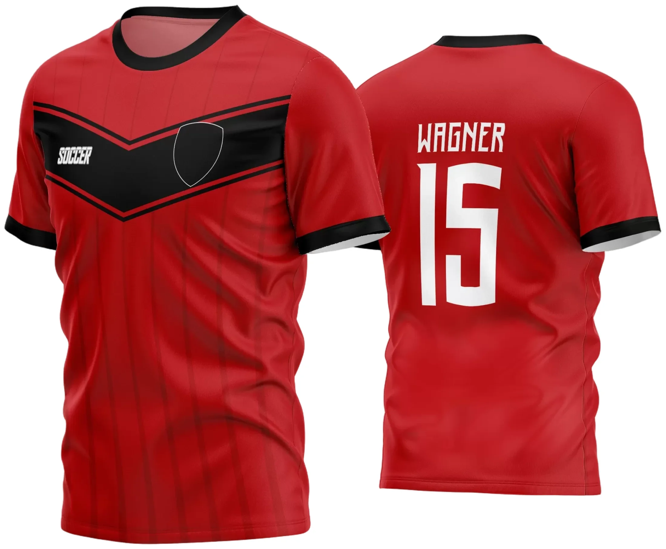 Camisa de futebol amador com logo no peito bem destacado e estampa grande nas costas em estilo moderno e vibrante, perfeita para times que buscam identidade única nas partidas.