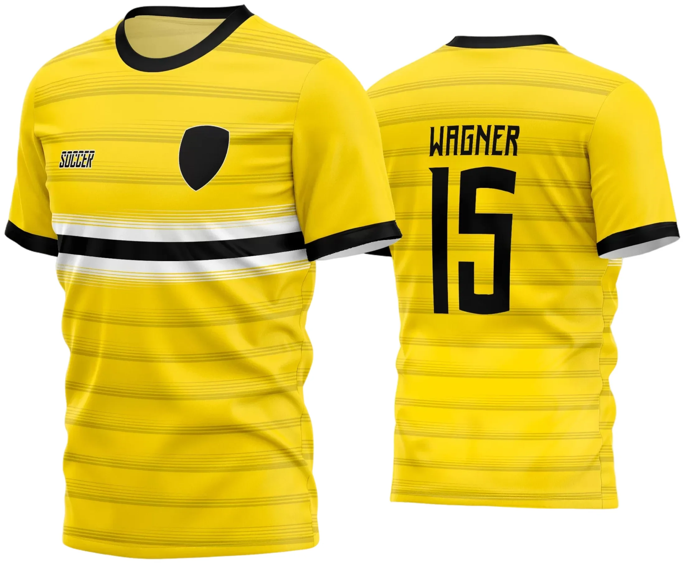 Camisa de futebol amador com logo no peito e estampa grande nas costas, combinando estilo e identificação para times de futebol amador, com design vibrante e moderno para uniformes esportivos.