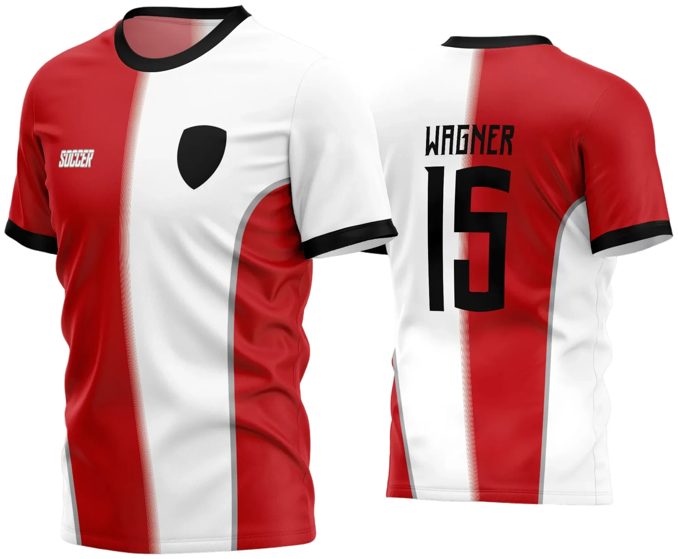 Camisa de futebol amador com logo no peito e estampa grande nas costas, estilo moderno e cores vibrantes que destacam o time durante as partidas e treinos.