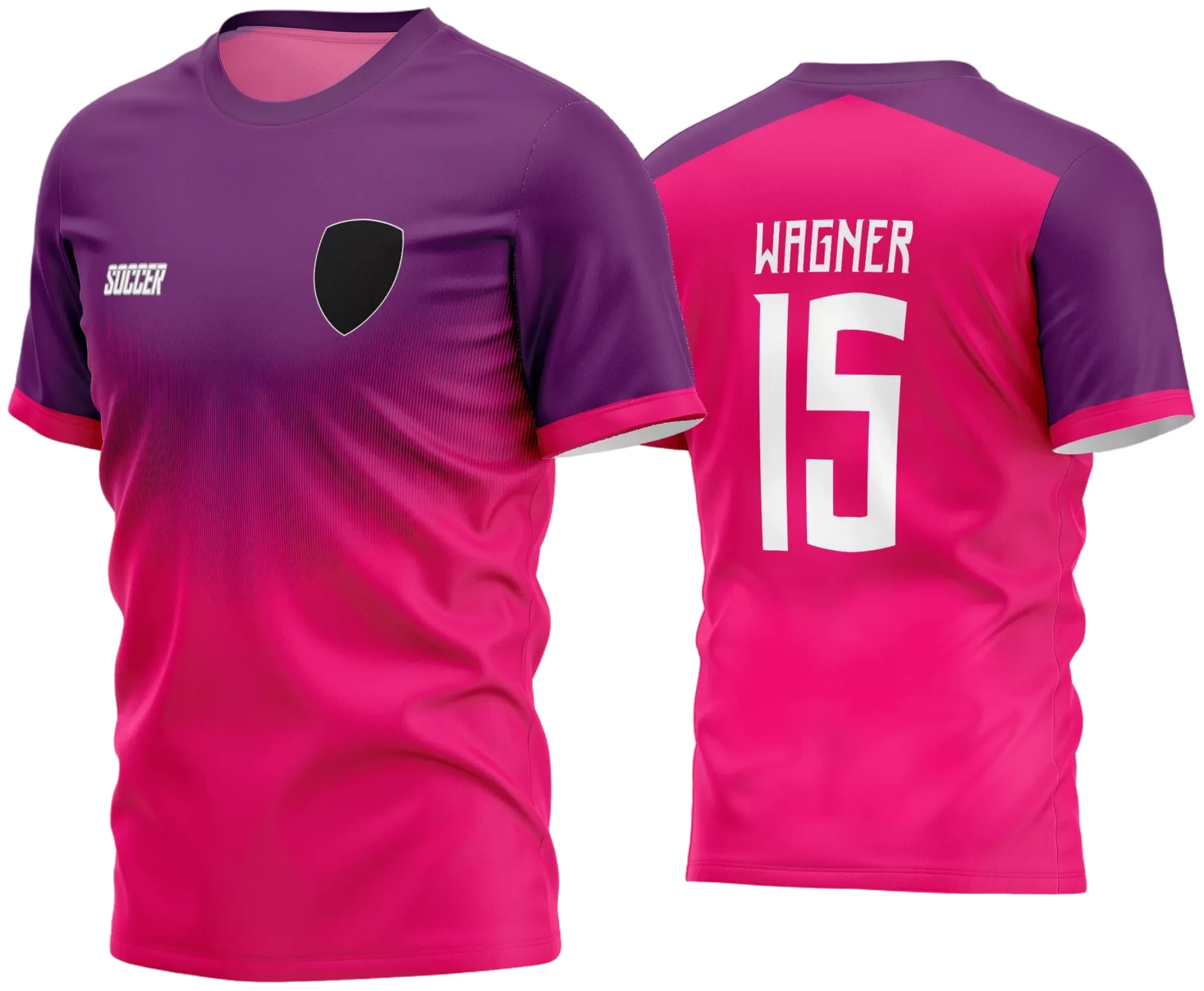 Camisa de futebol amador com logo no peito e estampa grande nas costas, destacando um design moderno e vibrante que une estilo e paixão pelo esporte em cada detalhe da peça.