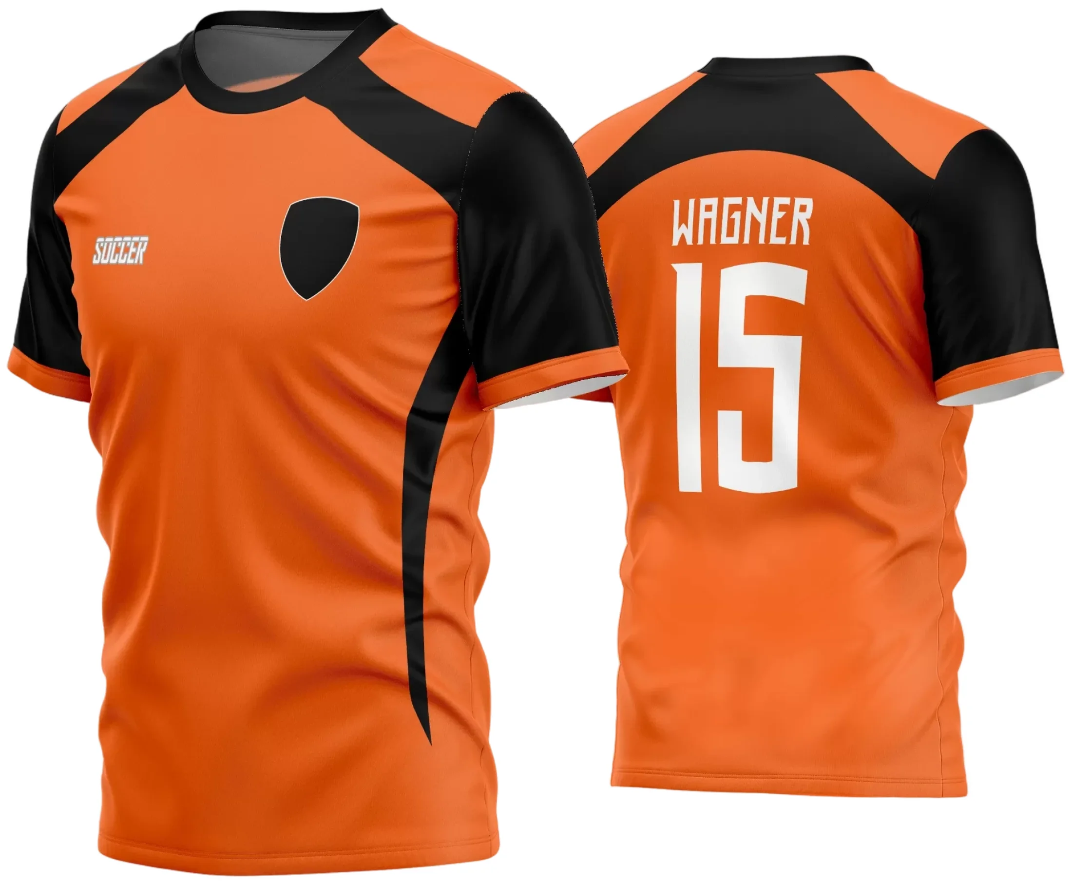 Camisa de futebol amador com logo no peito destacado e estampa grande nas costas, mostrando design moderno e cores vibrantes que valorizam o time em campo com estilo único.