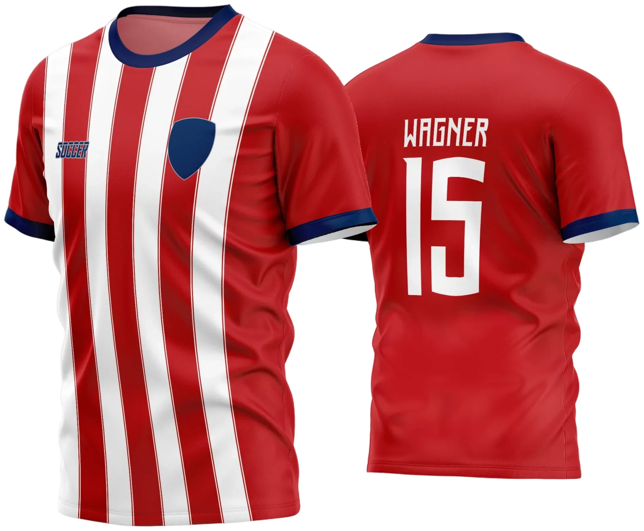 Camisa de futebol com logo no peito e estampa grande nas costas, combinando estilo moderno para times amadores em ação no campo, perfeita para destacar a paixão pelo futebol em 2024.