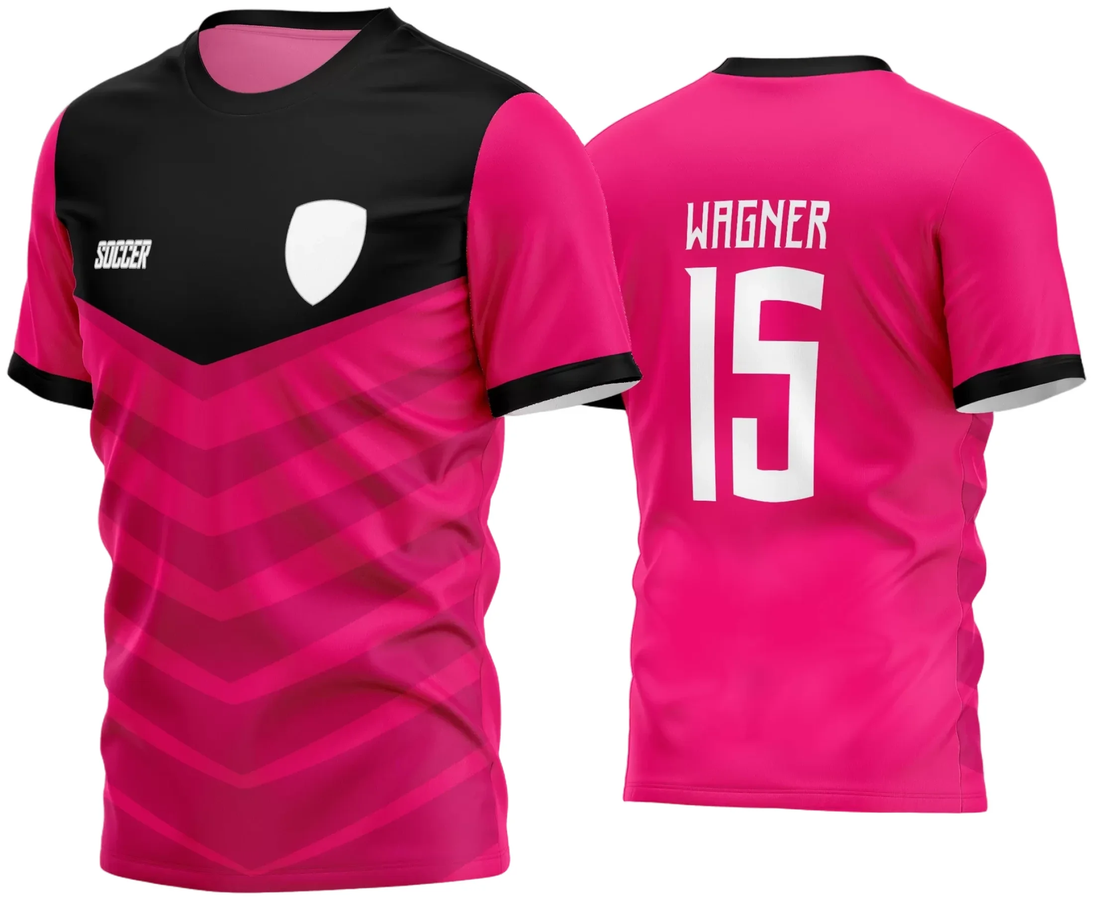 Camisa de futebol com logo no peito bem visível e estampa grande nas costas, perfeita para times amadores que buscam estilo e personalidade em campo.