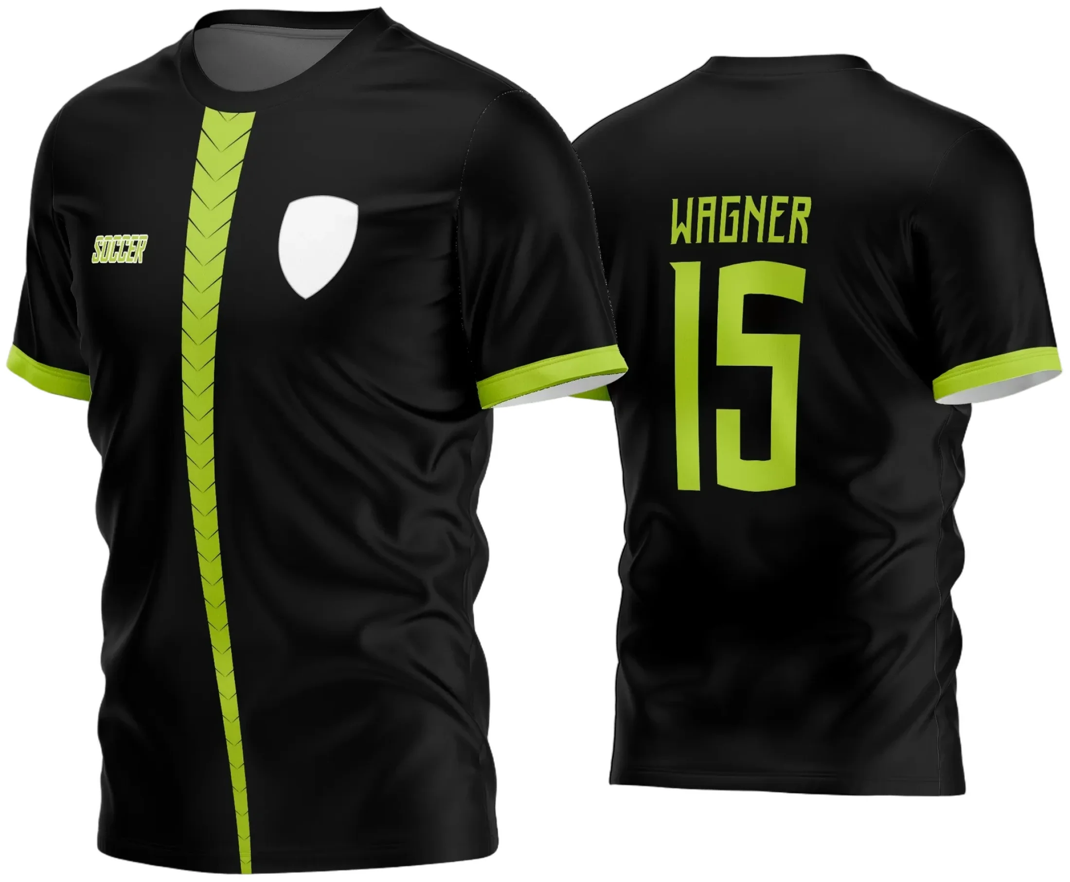 Camisa de futebol estilo amador 2024 com logo no peito e estampa grande nas costas, design moderno e vibrante, perfeita para times comunitários e eventos esportivos