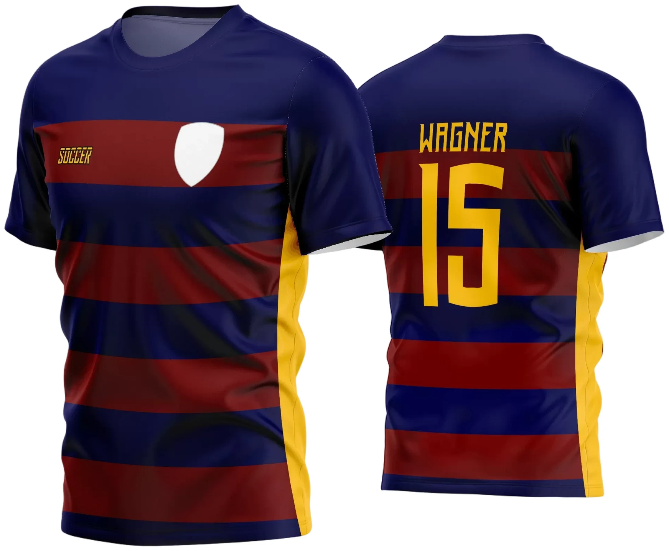 Camisa de futebol amador com logo no peito e estampa grande nas costas, exibindo um design vibrante e moderno, perfeita para times que buscam identidade única e destaque nos jogos.