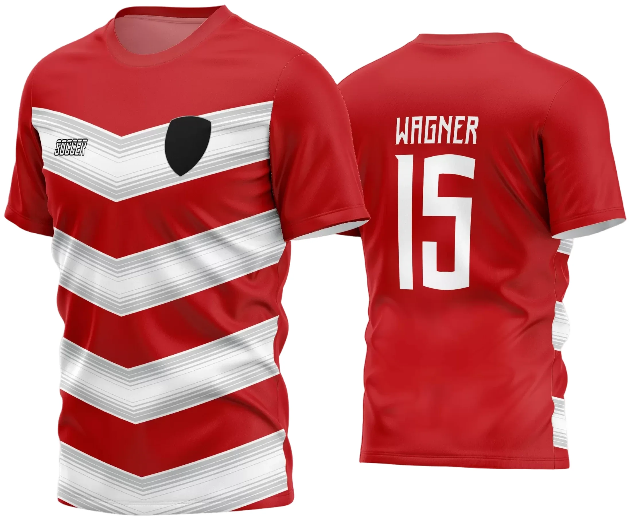 Camisa de futebol amador com logo no peito e estampa grande nas costas, destacando um design moderno e vibrante para times de futebol 2024, ideal para uniformes personalizados que combinam estilo e personalidade.