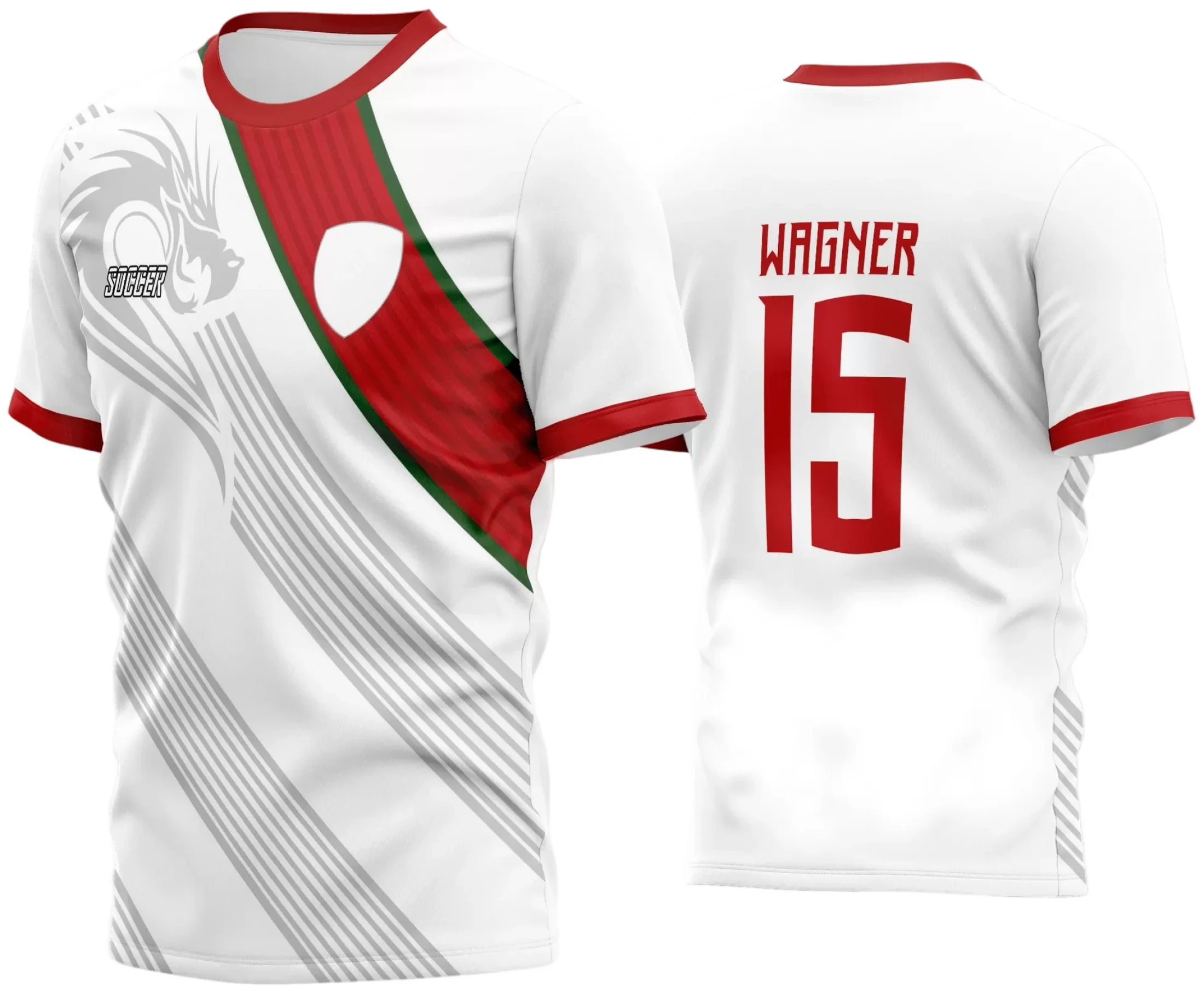 Camisa de futebol amador com logo no peito e estampa grande nas costas em cores vibrantes, ideal para times que querem destacar sua identidade em campo.