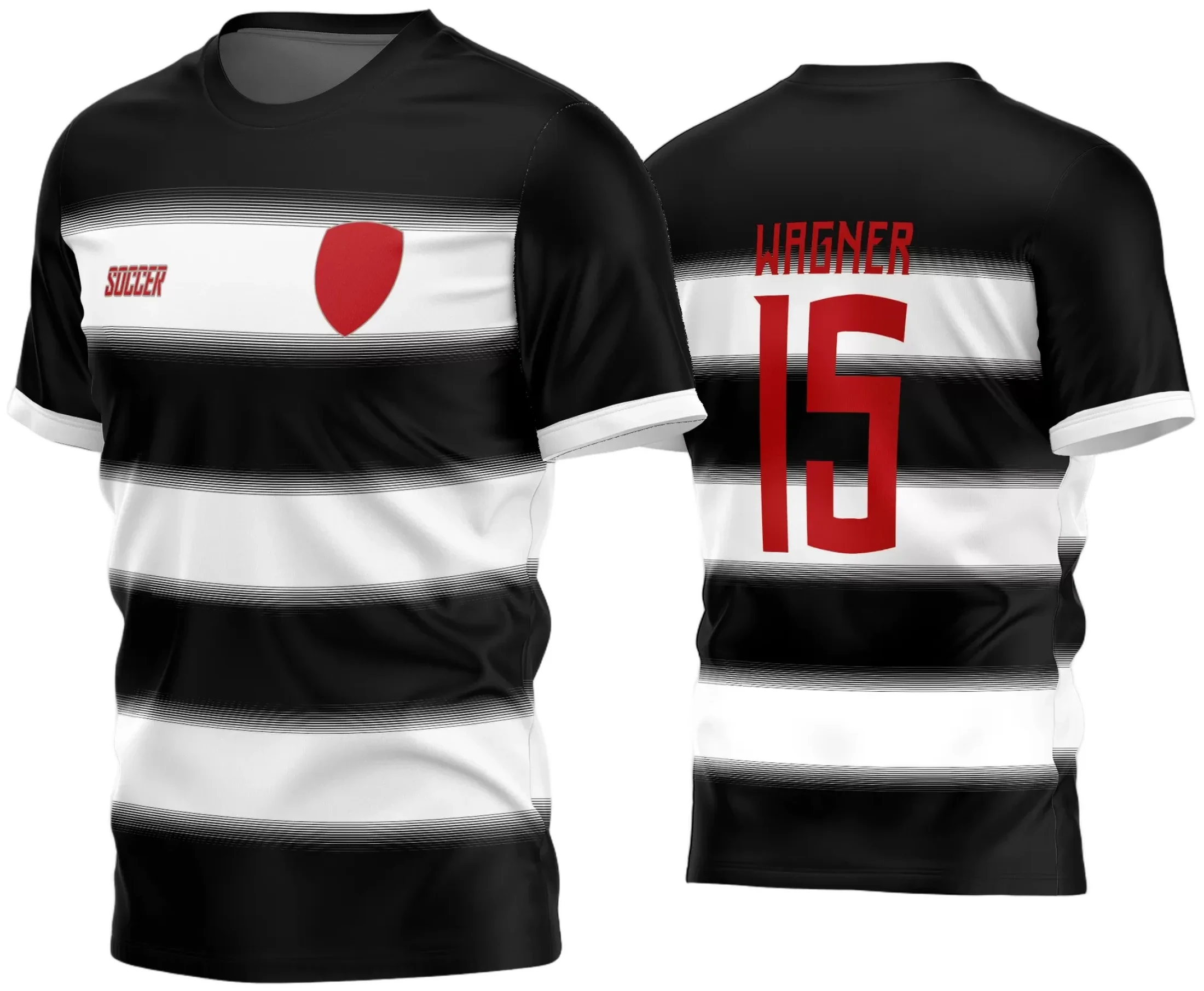 Camisa de futebol amador com logo no peito e estampa grande nas costas, exibindo design moderno e cores vibrantes em combinação perfeita para times de futebol amador 2024.