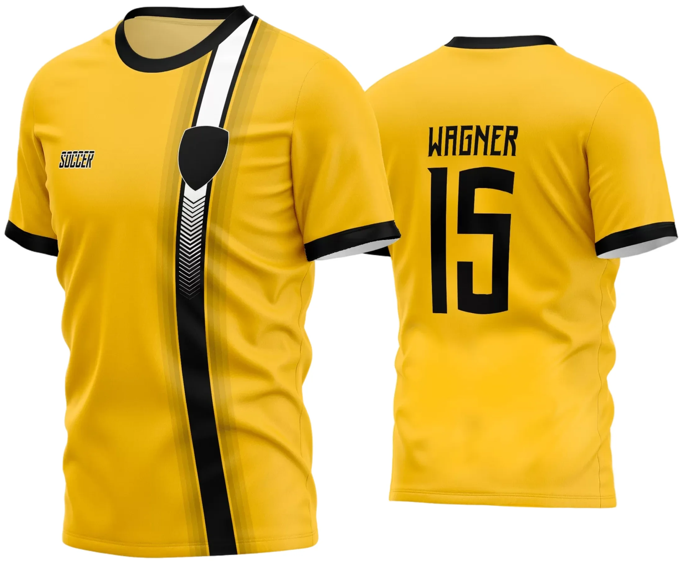 Foto da camisa de futebol com logo no peito e estampa grande nas costas, ideal para times amadores que buscam estilo e identidade única na temporada 2024.