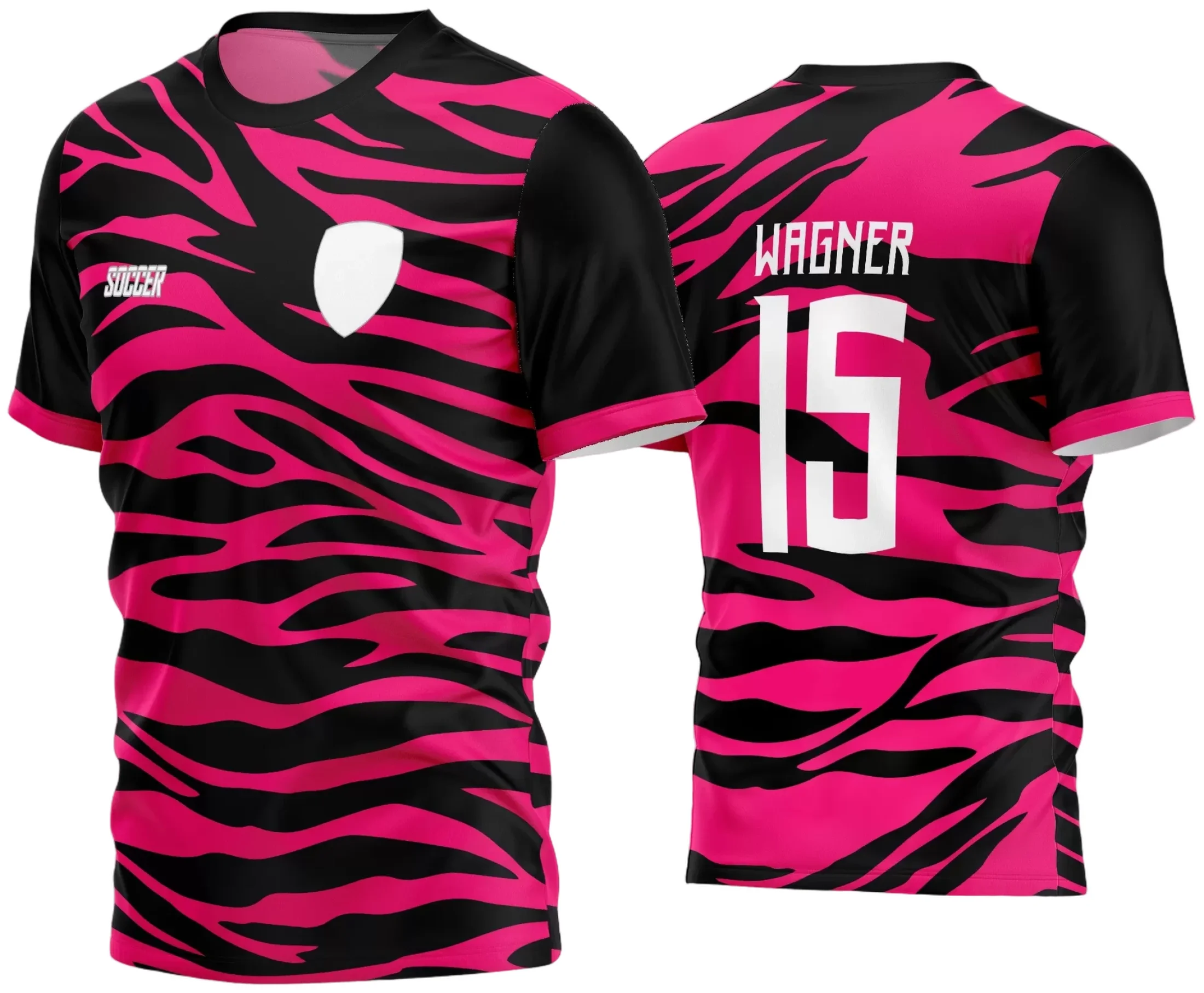 Camisa de futebol amador com logo no peito e estampa grande nas costas, exibindo design moderno e cores vibrantes que valorizam a identidade do time em campo.