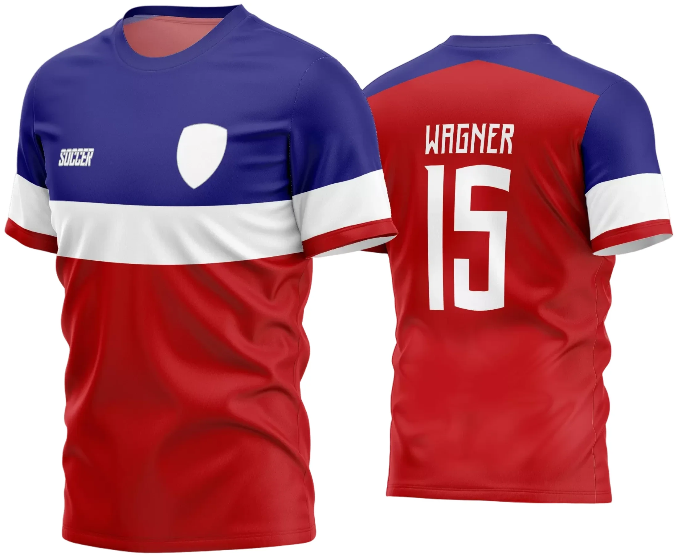 Camisa de futebol amador com logo no peito e estampa grande nas costas, destacando design moderno e cores vibrantes ideais para equipes que buscam estilo e identidade no campo.