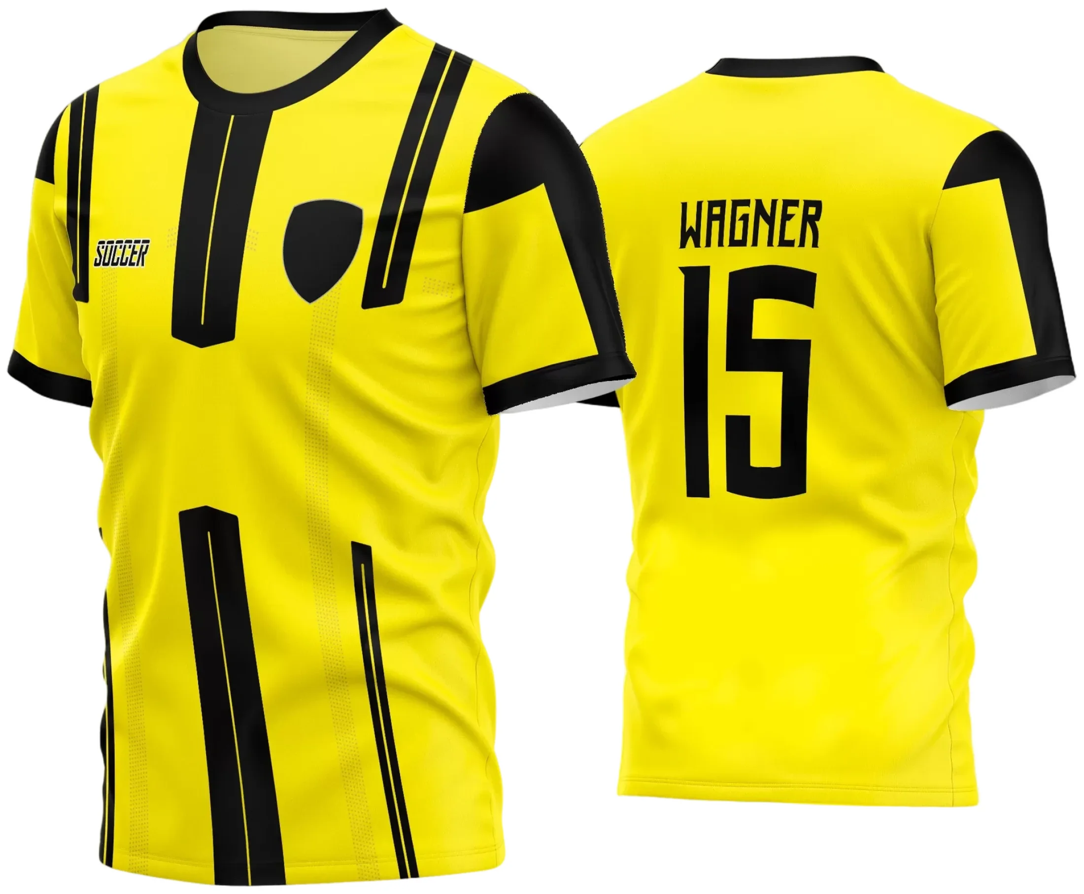 Camisa de futebol amador com logo no peito e estampa grande nas costas, exibindo um design moderno e vibrante ideal para times que buscam identidade única no campo.