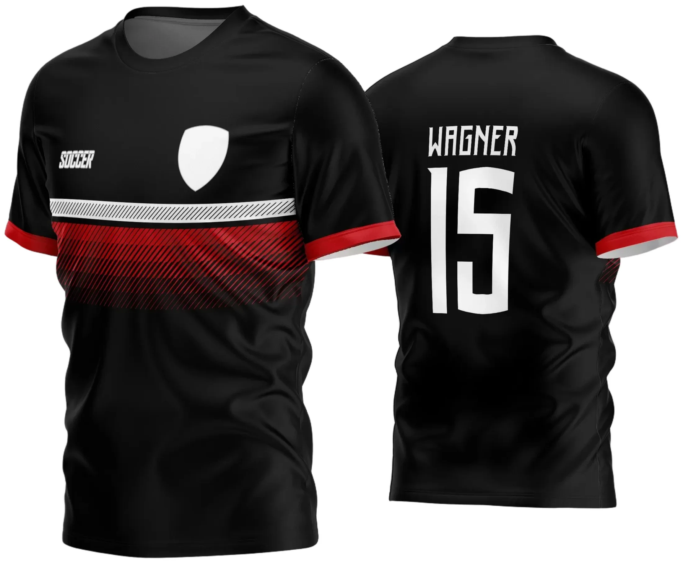 Camisa de futebol amador com logo no peito bem visível e estampa grande nas costas destacando o estilo do time, ideal para reunir a equipe com identidade única e moderna.