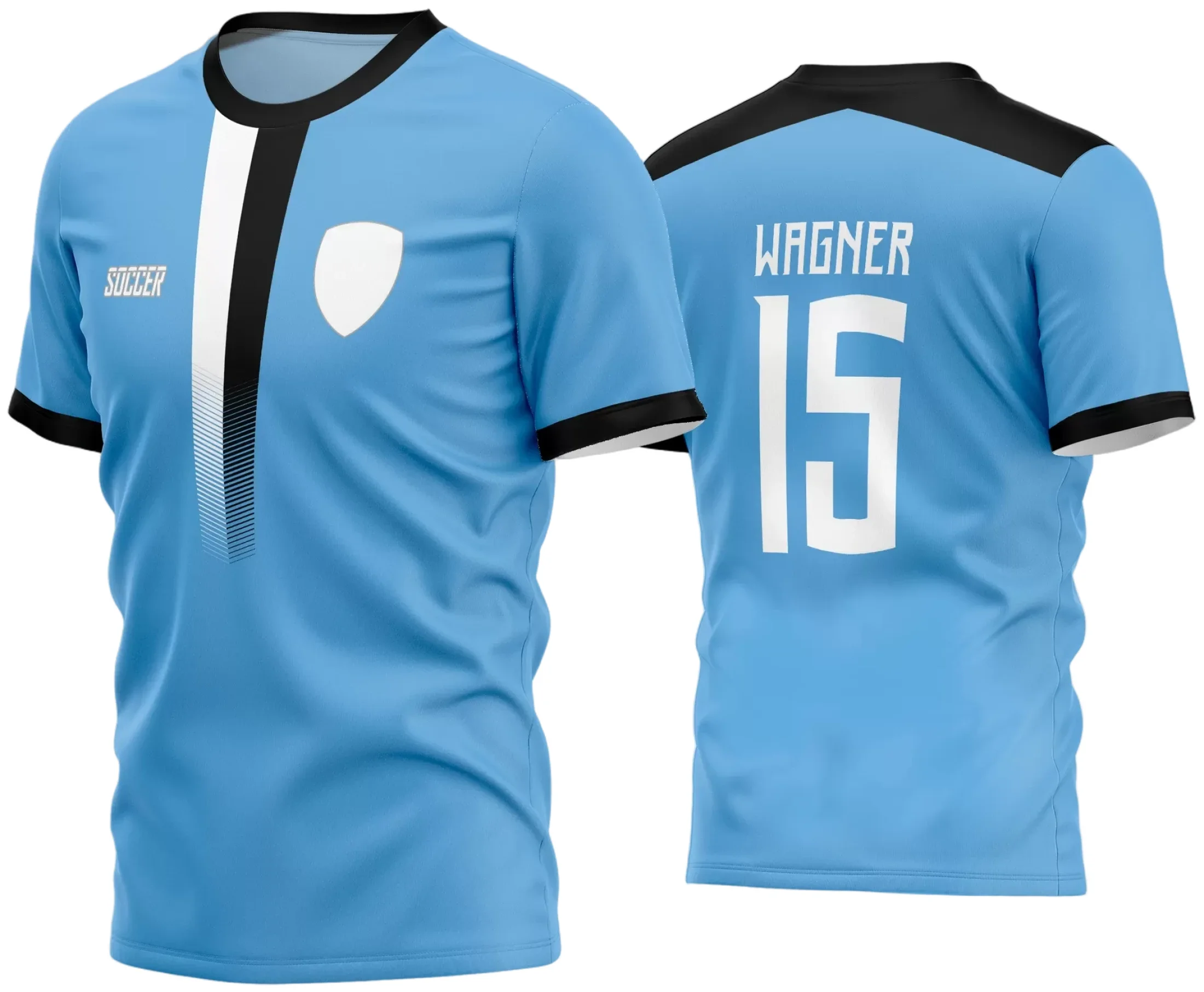 Camisa com logo no peito e estampa grande nas costas, design exclusivo para time de futebol amador, com cores vibrantes e detalhes que destacam o estilo esportivo e casual.