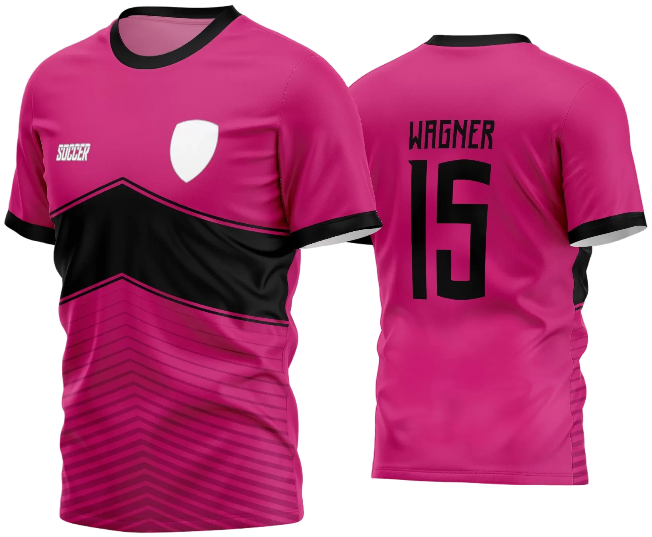 Camisa de futebol amador com logo no peito e estampa grande nas costas, perfeita para times que buscam um estilo moderno e marcante em campo.